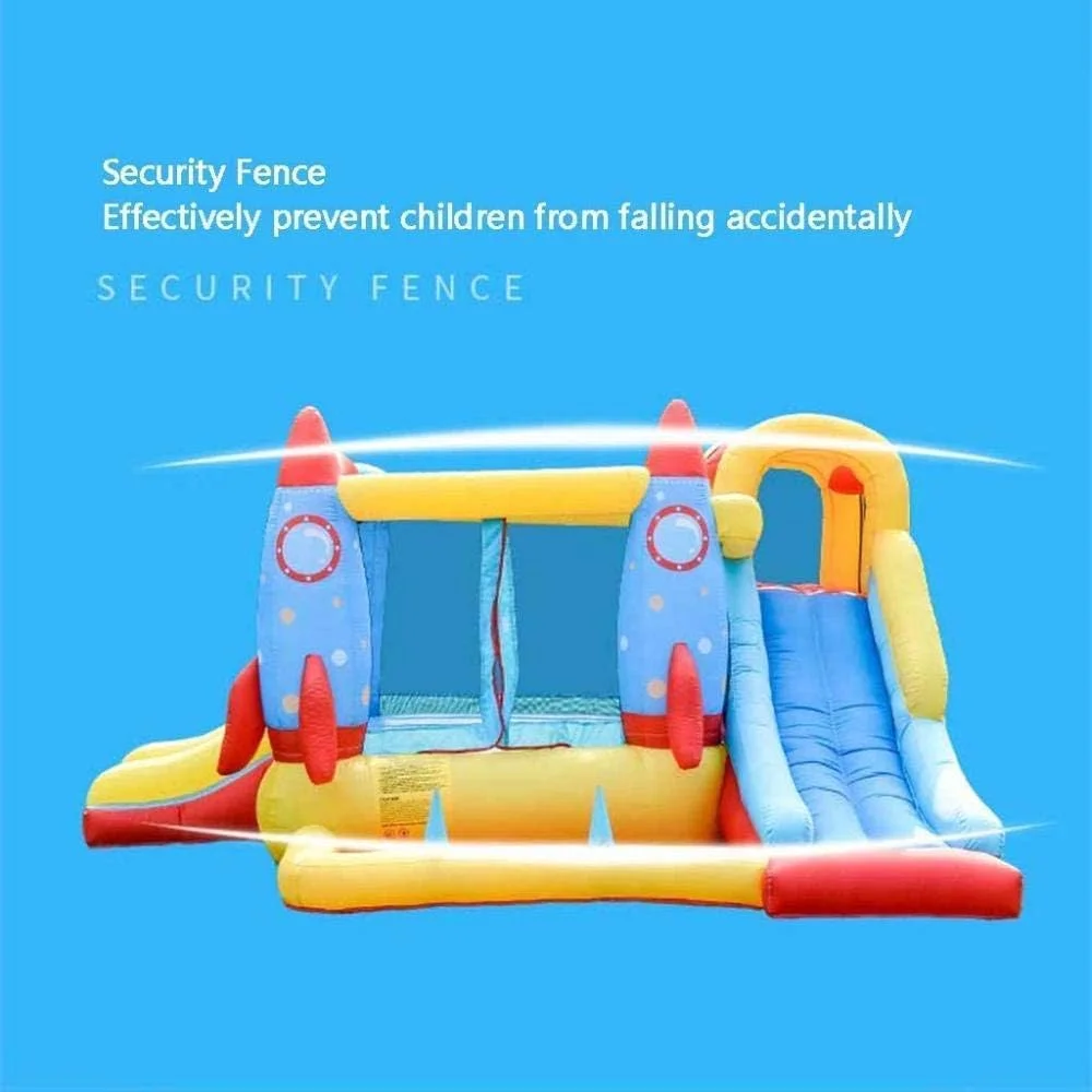 قلعه بادی کودک QRSTUVW، ترامپولین موشکی کودکان، سرسره داخلی، دیوار صخره نوردی، اسباب بازی قلعه بازیگوش، زمین بازی مربع شکل، رنگ ها 340 * 280 * 185 سانتی متر