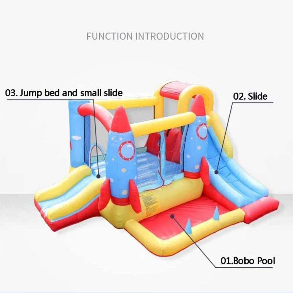 قلعه بادی کودک QRSTUVW، ترامپولین موشکی کودکان، سرسره داخلی، دیوار صخره نوردی، اسباب بازی قلعه بازیگوش، زمین بازی مربع شکل، رنگ ها 340 * 280 * 185 سانتی متر