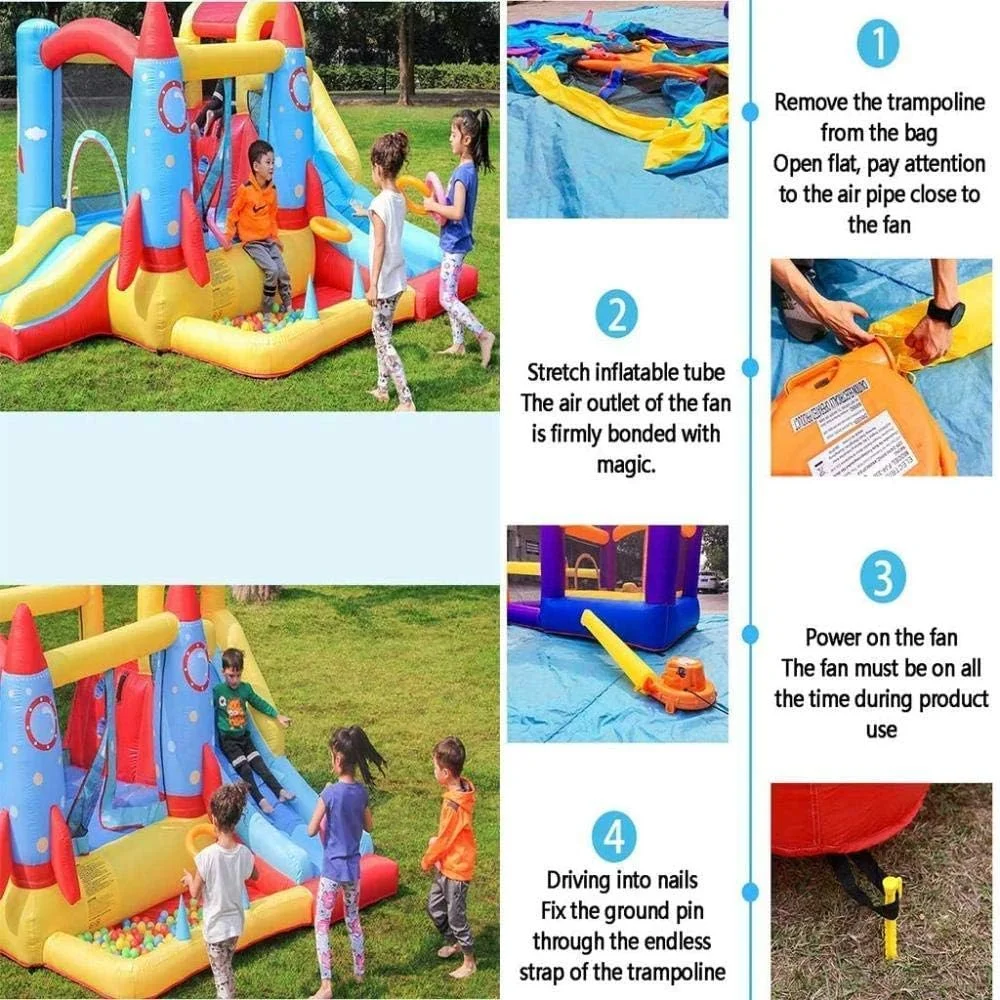 قلعه بادی کودک QRSTUVW، ترامپولین موشکی کودکان، سرسره داخلی، دیوار صخره نوردی، اسباب بازی قلعه بازیگوش، زمین بازی مربع شکل، رنگ ها 340 * 280 * 185 سانتی متر