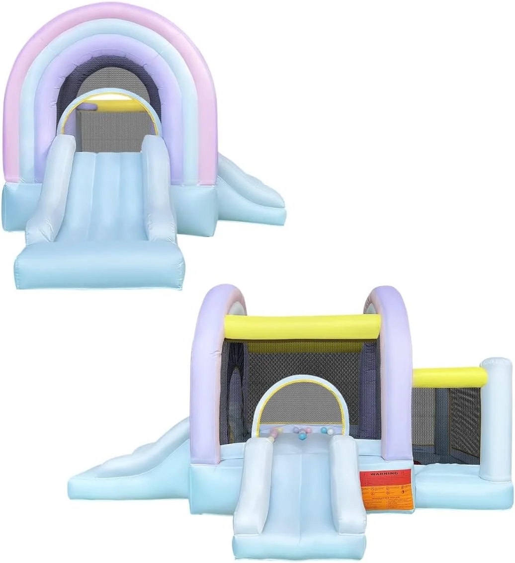 قلعه بادی رنگین کمانی مارشمالو RETRO JUMP برای کودکان، جامپینگ پاستیلی با اتاق بازی توپ و سرسره، قلعه بادی بادی شو با دمنده، حلقه بسکتبال، 30 توپ پلاستیکی پاستیلی، کیت های تعمیر، میخ