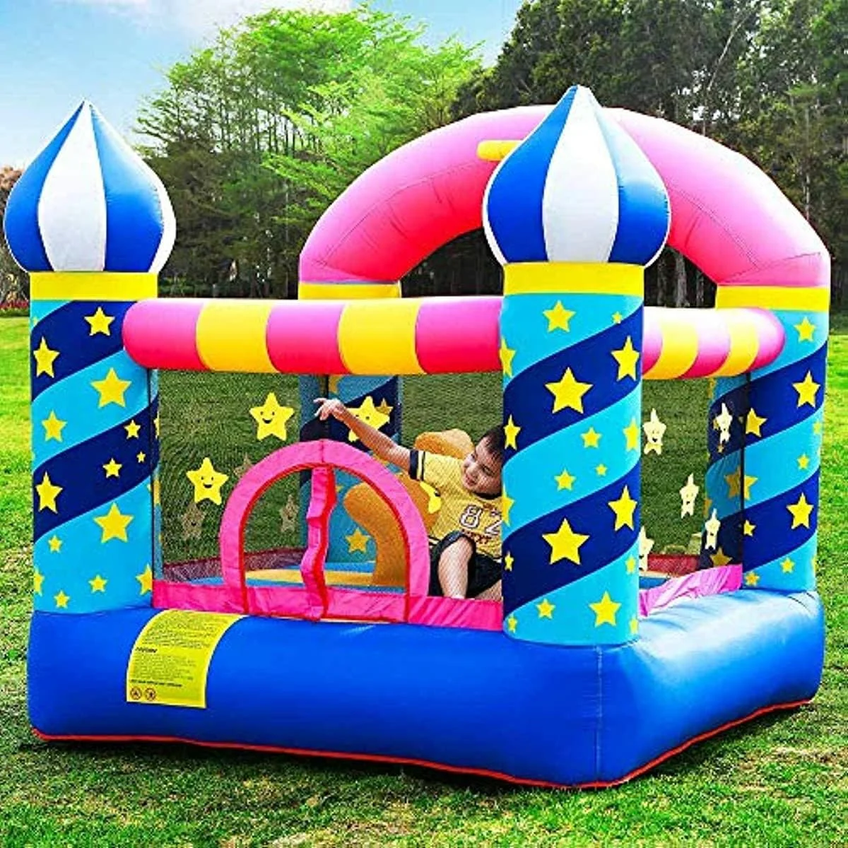 قلعه بادی RBW TOYS برای کودکان، قلعه بادی بادی شو برای کودکان، قلعه بادی کودکان ترامپولین ستاره دار محافظ بدن با جعبه بسکتبال با دمنده، اندازه 225x220x215 سانتی متر.