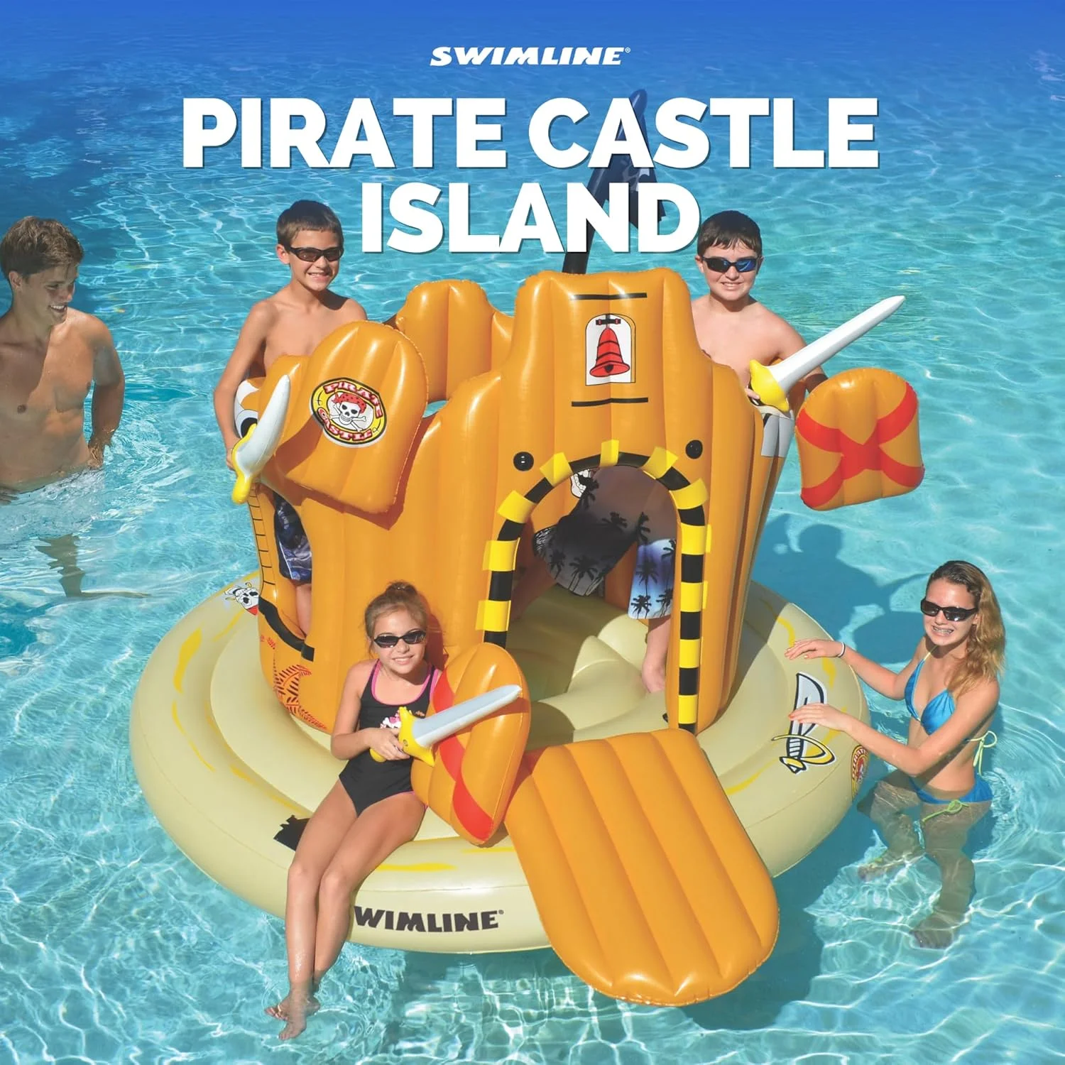 شناور بادی استخر قلعه زیستگاه غول پیکر Swimline برای کودکان و بزرگسالان، مناسب تا 4 نفر | کلبه یخی شناور کلبه بار تیکی کشتی دزدان دریایی برای استخرها، دریاچه ها و ساحل