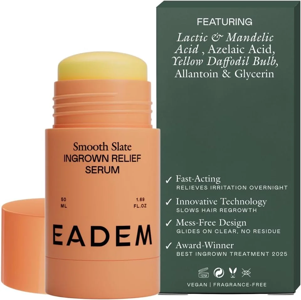 سرم رولی موهای زیرپوستی Smooth Slate از EADEM، هدف قرار دادن برجستگی‌ها و موهای به دام افتاده، محو کننده موضعی برای جای زخم و لکه‌های تیره، آلفا هیدروکسی اسیدها و تیروزیناز، کاهش سرعت رشد مجدد موهای زیرپوستی