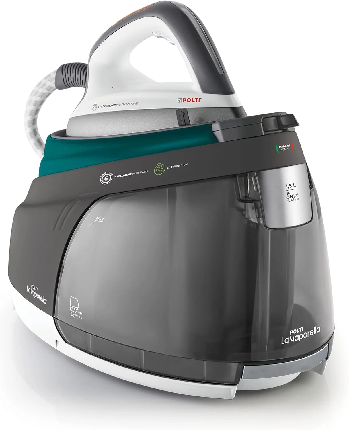 اتو بخار مخزن دار پلتی La Vaporella XT120C، عملکرد هوشمند Eco، طراحی شده برای دوام، فشار 8.5 بار، پالس بخار 600 گرم، فیروزه ای/خاکستری اتو بخار مخزن دار پلتی La Vaporella XT120C، عملکرد هوشمند Eco، طراحی شده برای دوام، فشار 8.5 بار، پالس بخار 600 گرم، فیروزه ای/خاکستری