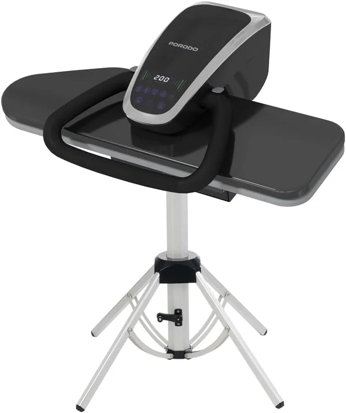 اتو پرس بخار لایف استایل پرودو، 5 سطح تنظیمات پارچه، راهنمای صوتی انگلیسی و عربی، 2200 وات، دارای پایه، صفحه پرس عریض 32 اینچی، فریم آلومینیومی بادوام - مشکی