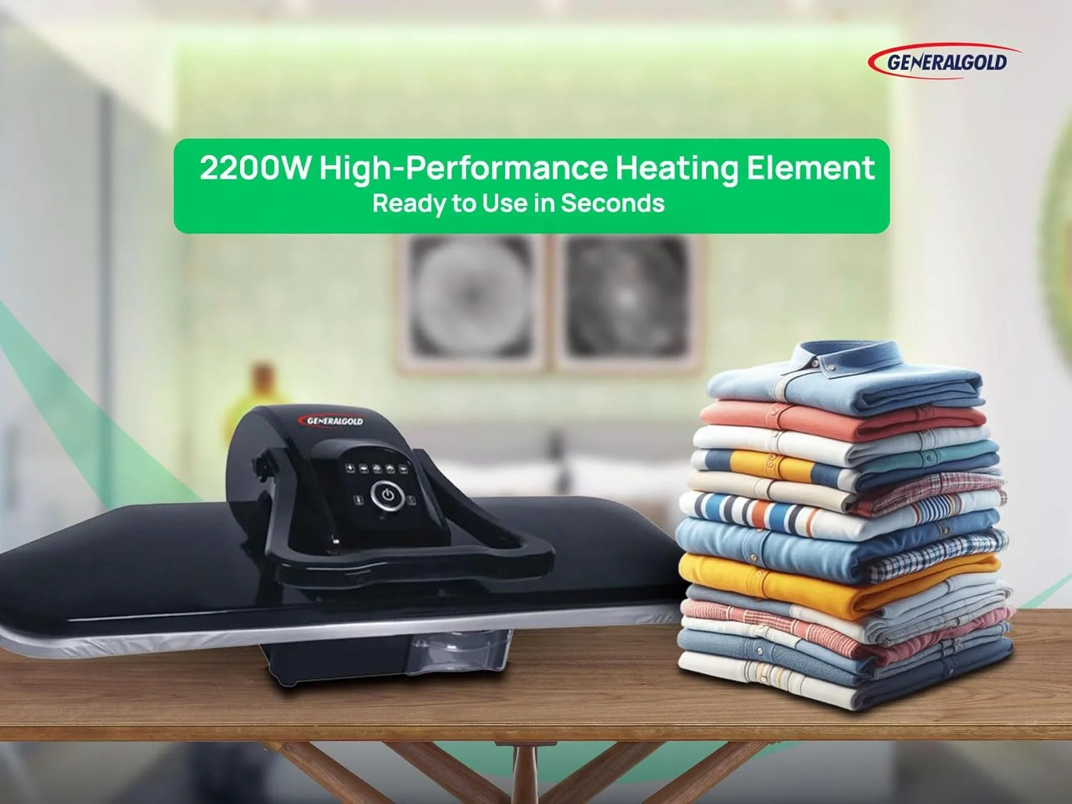 پرس اتو بخار مشکی 32 اینچ جنرال گلد، 2200 وات، نمایشگر LED، بطری اسپری و مخزن جداشدنی (مشکی، 32 اینچ)