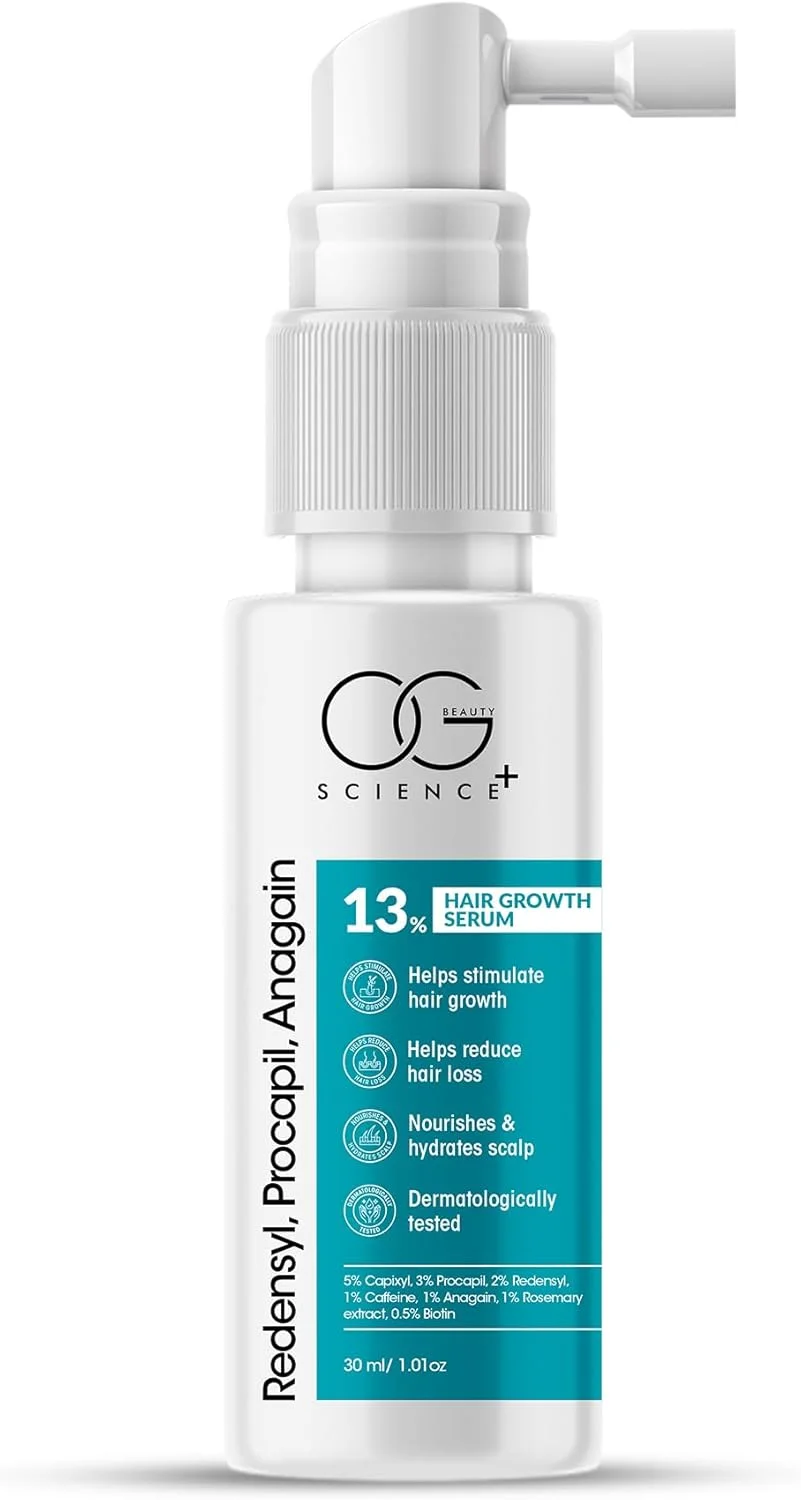 سرم رشد مو OG BEAUTY Science+ حجم 30 میلی لیتر - 5% کاپیکسیل، 3% پروکاپیل، 2% ردنسيل، 0.5% بیوتین | غنی شده با کافئین، آناگین، رزماری و آلوئه ورا | کاهش ریزش مو و تحریک رشد