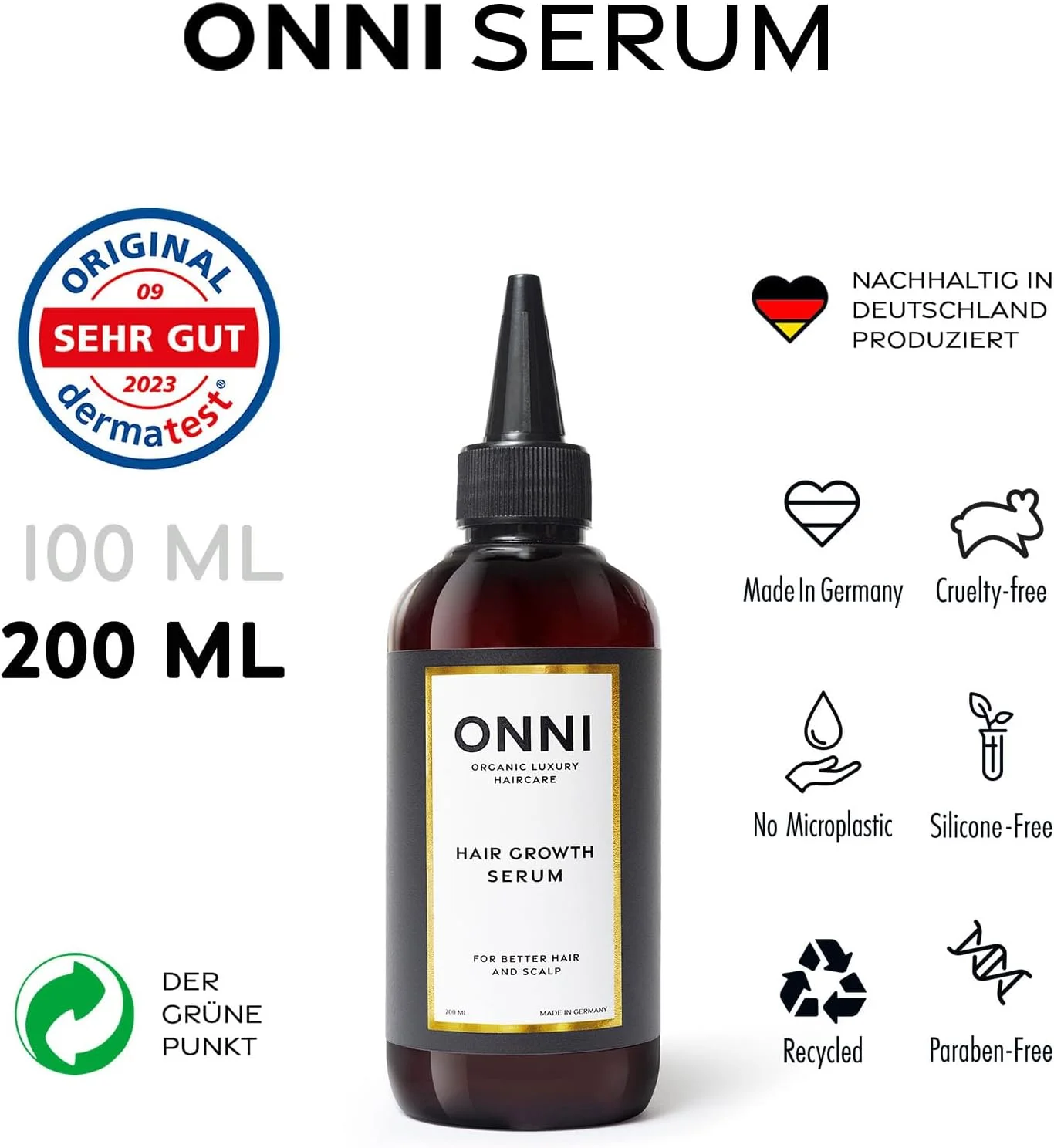 سرم مو ONNI | سرم رشد مو ارگانیک | 200 میلی لیتر | بدون سیلیکون، سولفات، پارابن - مراقبت از مو برای رشد بیشتر مو، ضد خارش پوست سر، ساخت آلمان، شناخته شده از مطبوعات