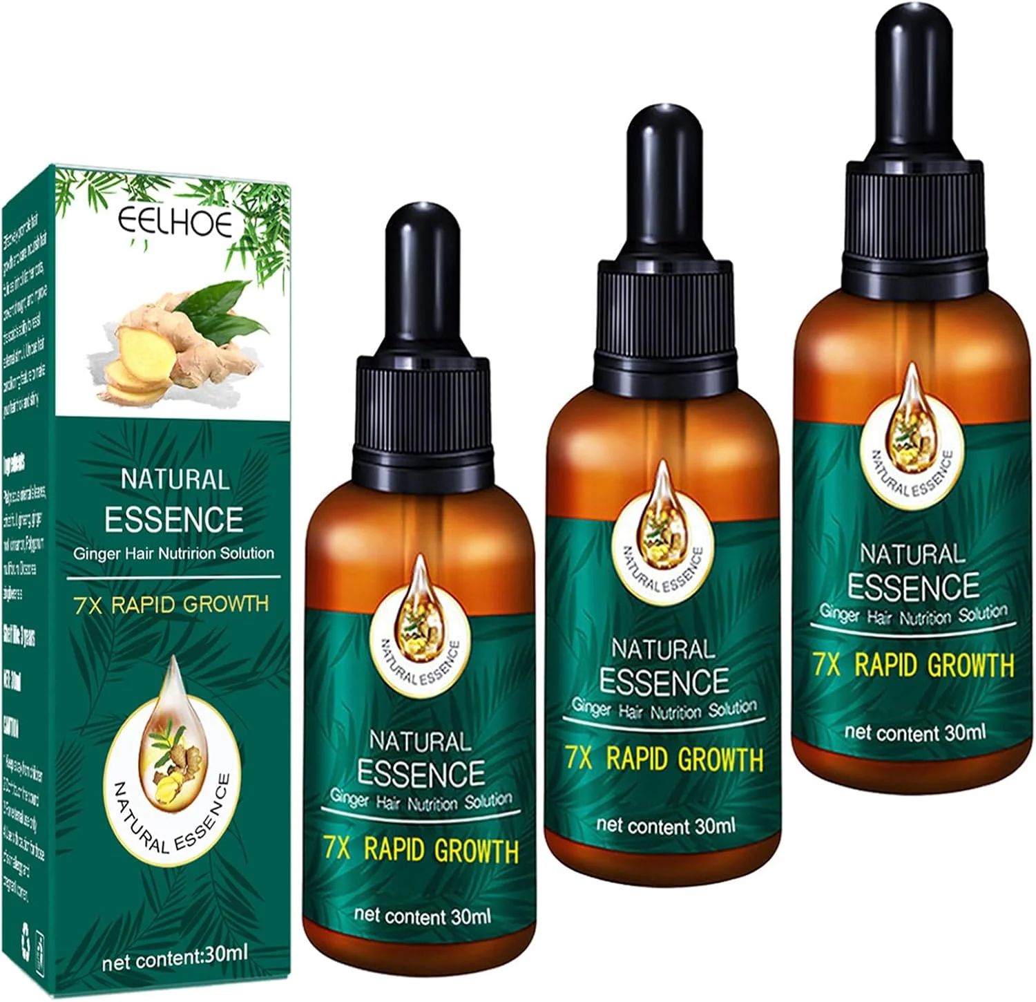 محلول تغذیه مو زنجبیل Natural Essence، سرم رشد مجدد مو، مایع درمان ریزش مو با عصاره زنجبیل و جینسینگ برای تقویت ریشه مو و موهای نازک (بسته 3 عددی)