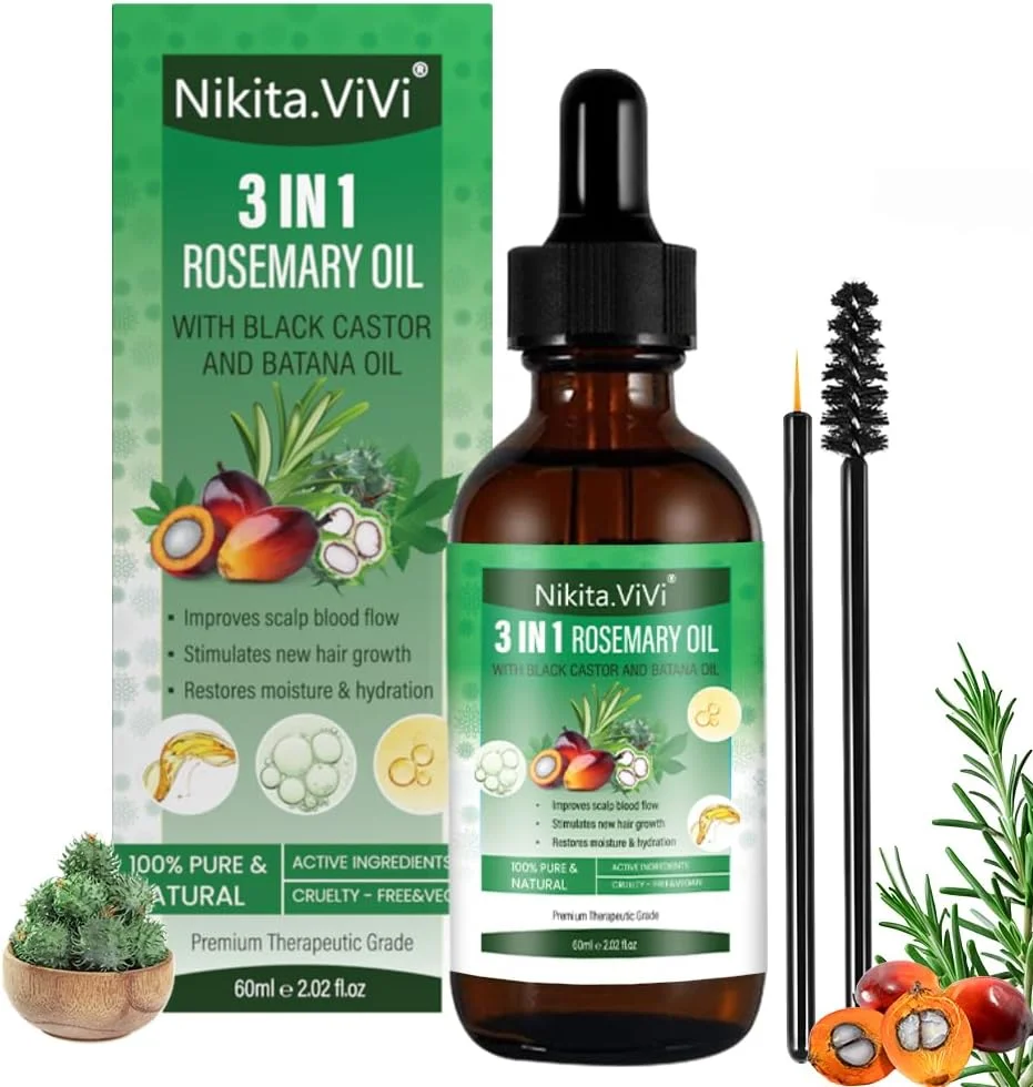 روغن رزماری 3 در 1 NIKITA.VIVI با روغن کرچک سیاه و روغن باتانا 60 میلی لیتر، روغن های طبیعی ارگانیک مو برای رشد مو، روغن های درمانی مو فشرده سرد برای سرم ماساژ پوست مو، رشد مجدد مژه و ابرو