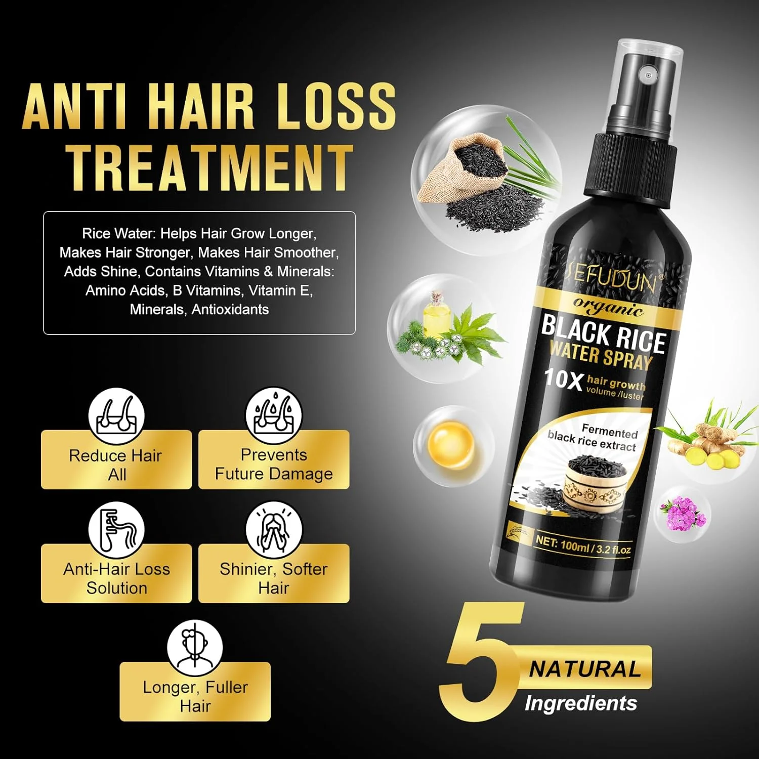 اسپری آب برنج سیاه ارگانیک برای رشد مو NIKITA.VIVI حجم 100 میلی لیتر | سرم رشد مو اسپری آب برنج برای موهای آسیب دیده | درمان رشد مجدد مو برای رشد موهای ضخیم تر و پرتر با روغن کرچک و بیوتین