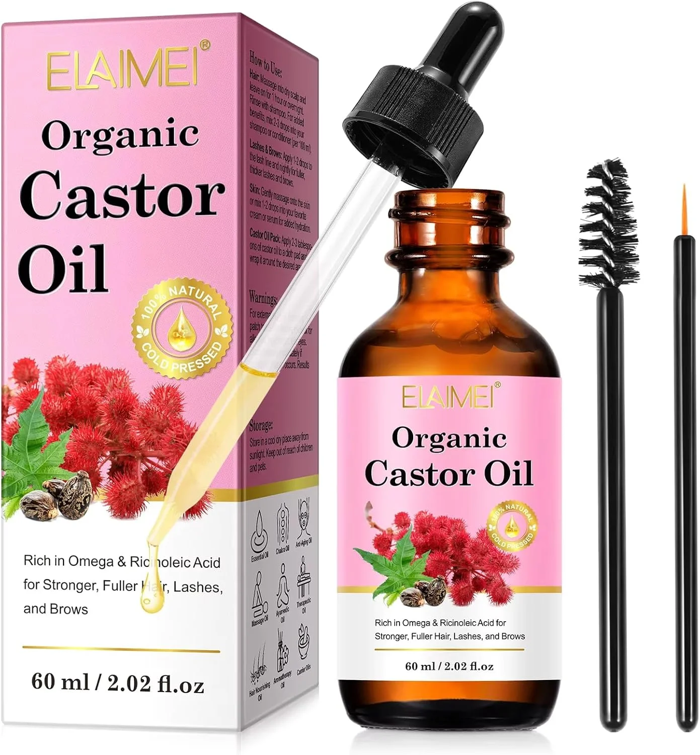 روغن کرچک ارگانیک نیکیتـا.ویوی برای رشد مو، 60 میلی لیتر، 100% خالص طبیعی و ارگانیک، غنی از امگا و اسید ریسینولئیک برای تقویت مو، مژه و ابرو، سرم کرچک برای رشد مو، ریش، مژه و ابرو