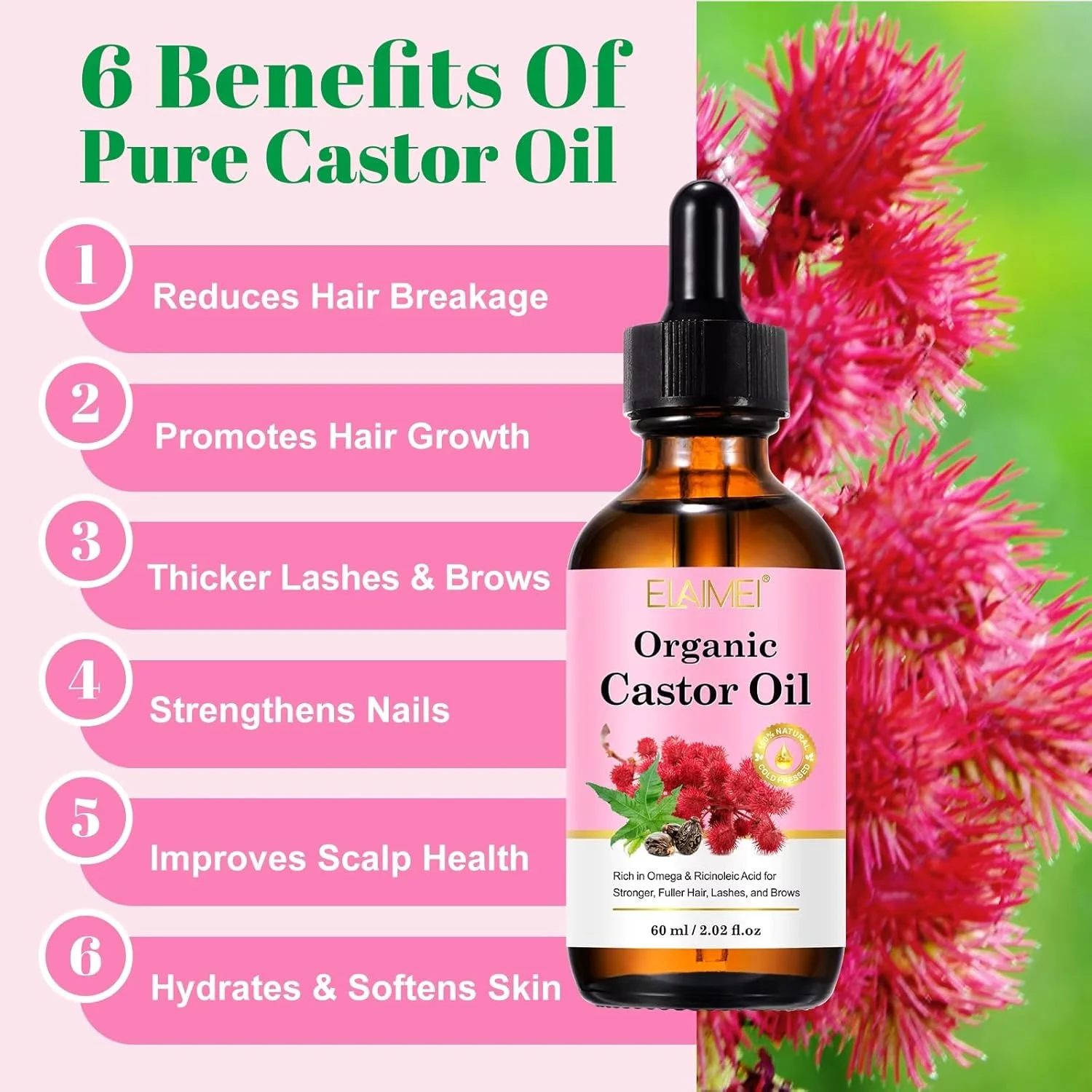 روغن کرچک ارگانیک نیکیتـا.ویوی برای رشد مو، 60 میلی لیتر، 100% خالص طبیعی و ارگانیک، غنی از امگا و اسید ریسینولئیک برای تقویت مو، مژه و ابرو، سرم کرچک برای رشد مو، ریش، مژه و ابرو