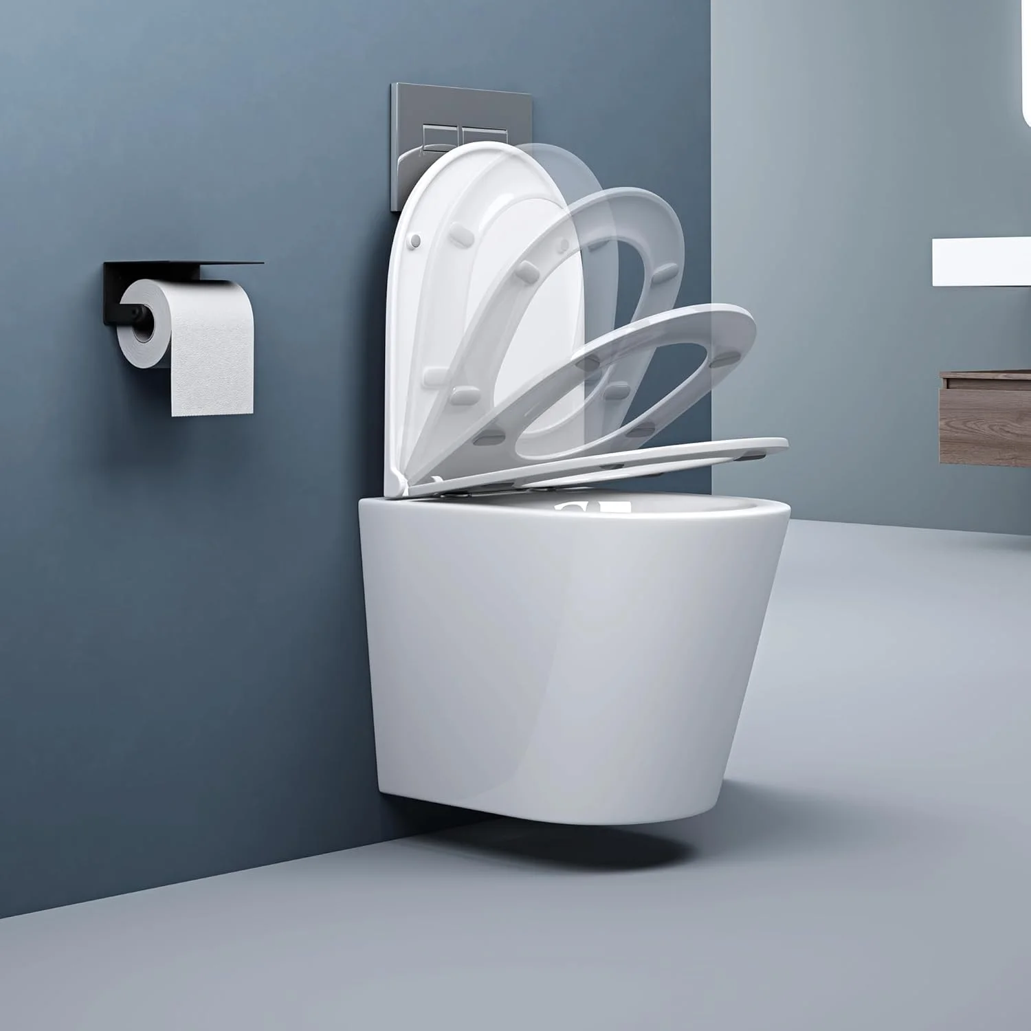 توالت دیواری doporro Aachen108 سفید با مکانیزم آرام بند 49 x 35.5 x 35 سانتی متر، توالت دیواری سفید سرامیکی بدون لبه