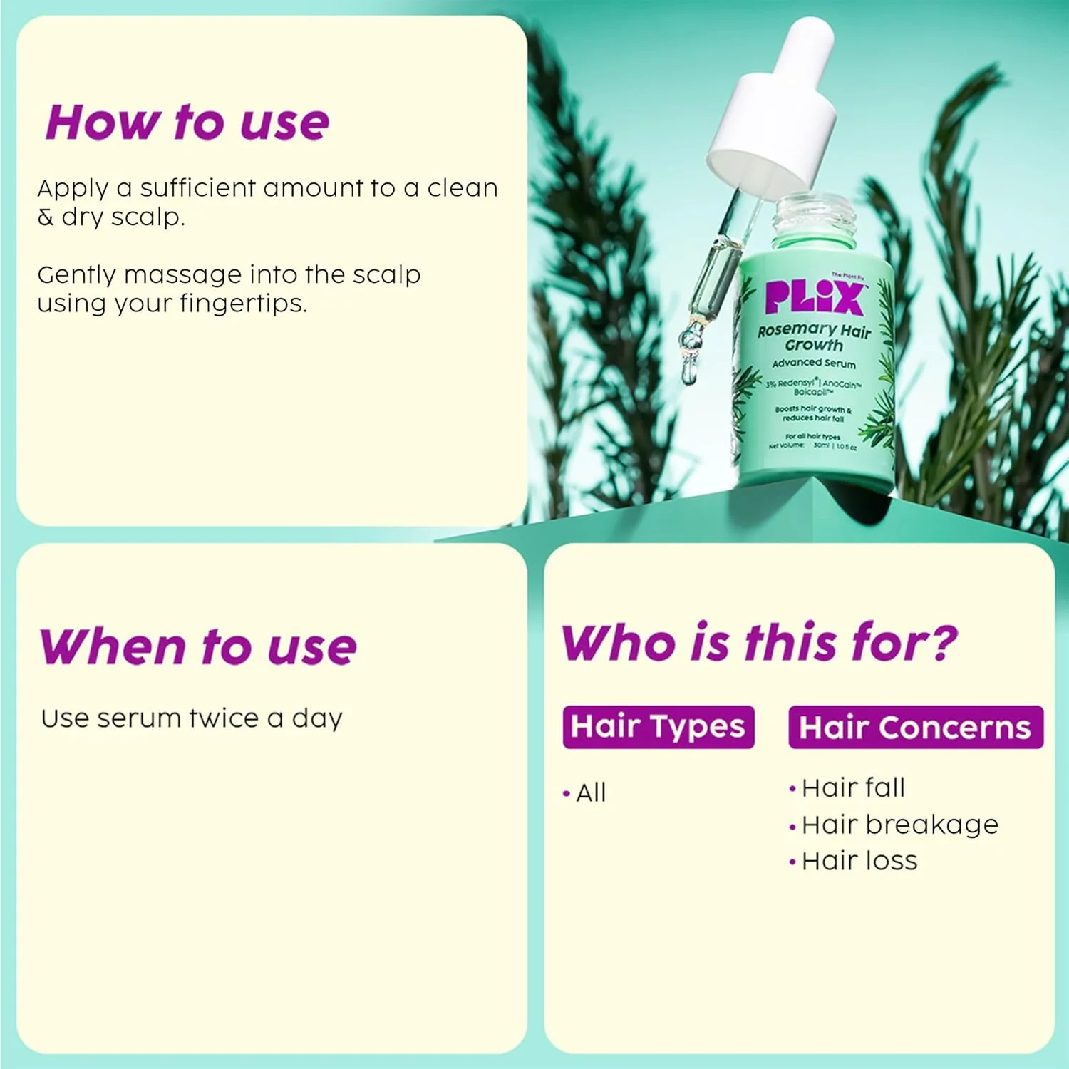 پلیکس - سرم رشد مو رزماری د پلنت فیکس حاوی 3% Redensyl، 4% AnaGain، 3% Baicapil، 30 میلی لیتر | تحریک رشد، افزایش تراکم و ضخامت | برای آقایان و بانوان