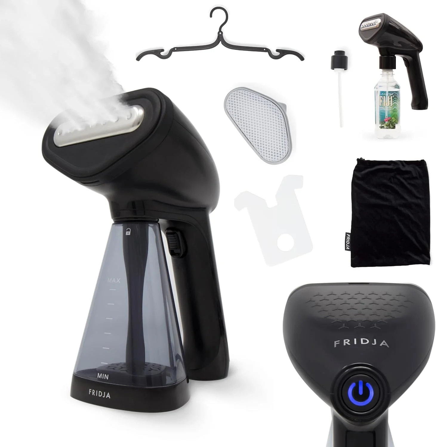 بخارگر لباس دستی فریدجا مدل f10، بخارگر ارتقا یافته 1500 واتی با صفحه گرم شونده و خروجی بخار 30 گرم در دقیقه، مخزن آب 260 میلی لیتری، آماده در 45 ثانیه، مناسب برای خانه، محل کار و مسافرت، مشکی