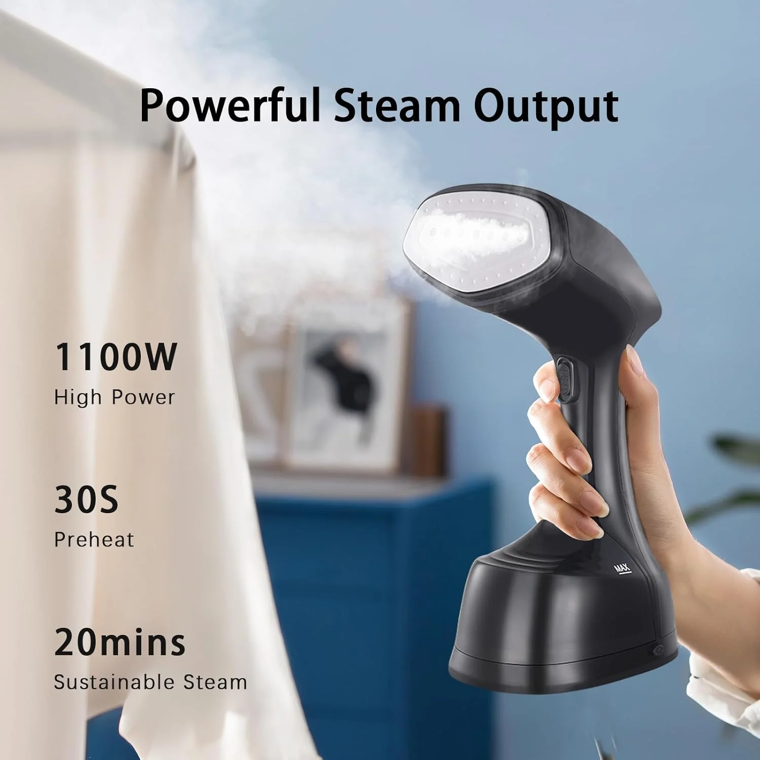بخارگر دستی لباس، رفع چروک لباس، بخار نافذ قدرتمند، اتو 2 در 1 1100 وات با مخزن آب 250 میلی لیتری، مناسب برای مسافرت و خانواده - مشکی