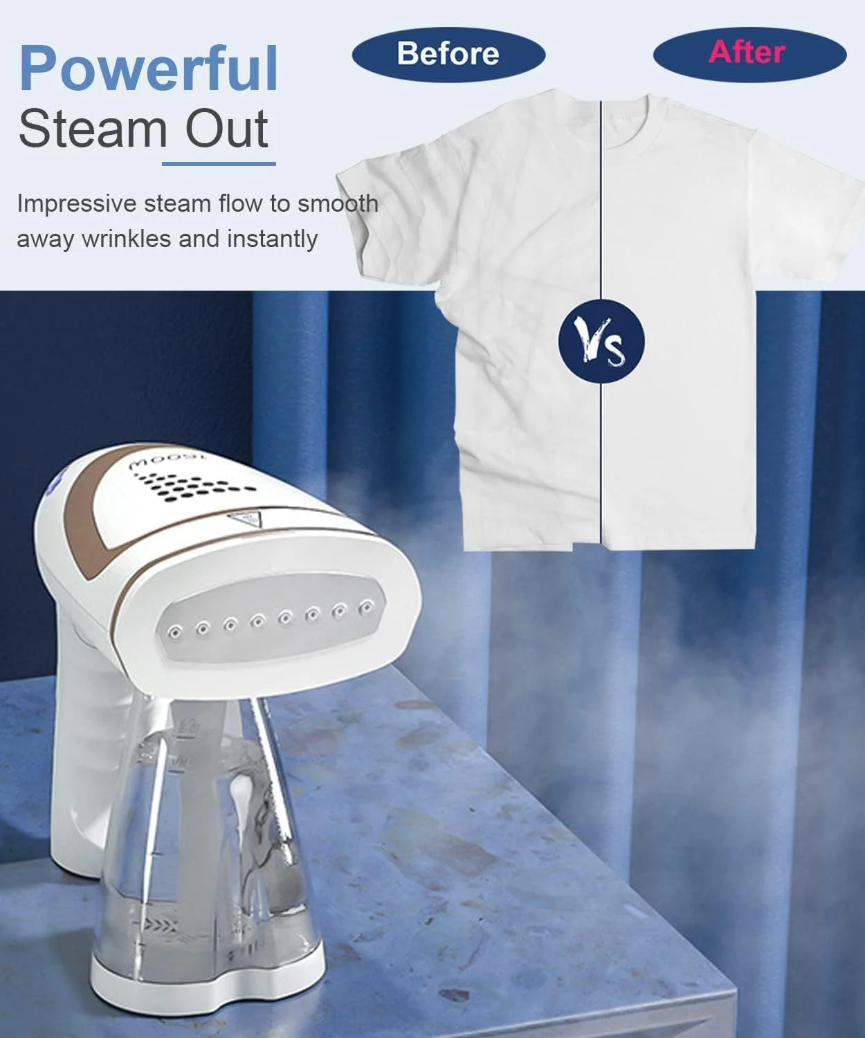 بخارگر دستی لباس، بخارگر مسافرتی تاشو، بخارگر قابل حمل با مخزن آب جداشدنی 250 میلی لیتری، بخار نفوذی قوی، اتو بخار از بین برنده چین و چروک برای خانه، محل کار و مسافرت، طلایی