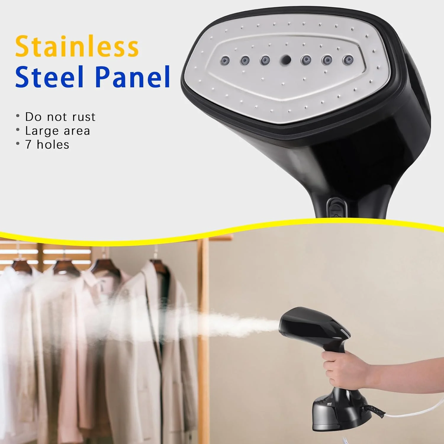 بخارگر دستی لباس، رفع چروک لباس، بخار نافذ قدرتمند، اتو 2 در 1 1100 وات با مخزن آب 250 میلی لیتری، مناسب برای مسافرت و خانواده - مشکی