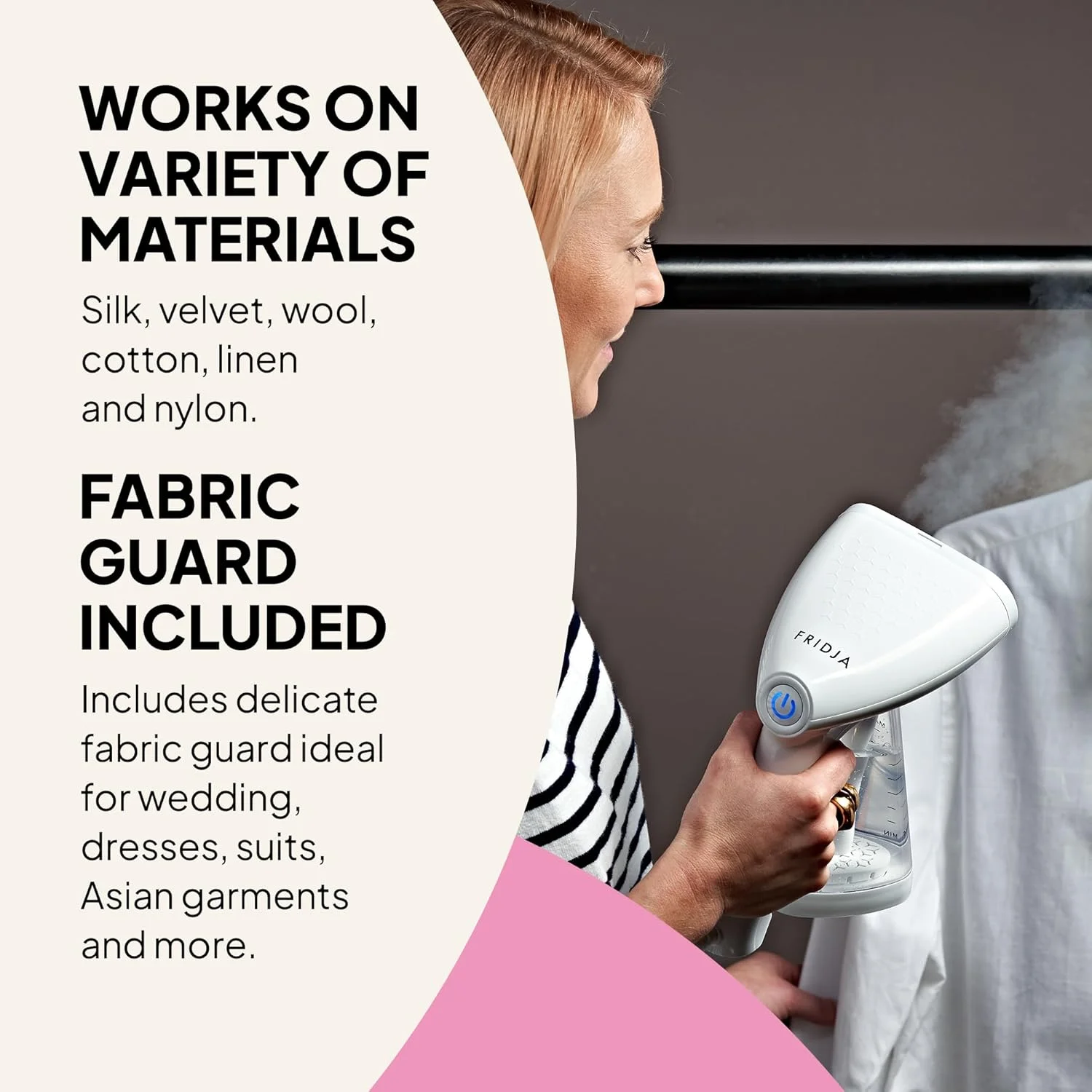 بخارگر لباس دستی فریدجا مدل f10، بخارگر ارتقا یافته 1500 واتی با صفحه گرم شونده و خروجی بخار 30 گرم در دقیقه، مخزن آب 260 میلی لیتری، آماده در 45 ثانیه، مناسب برای خانه، محل کار و مسافرت، مشکی