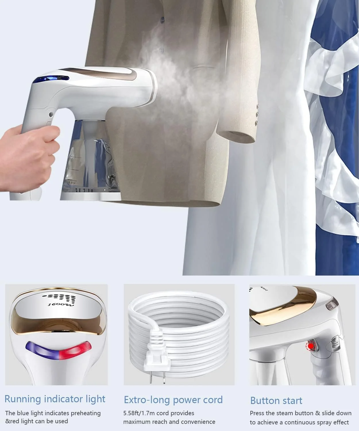 بخارگر دستی لباس، بخارگر مسافرتی تاشو، بخارگر قابل حمل با مخزن آب جداشدنی 250 میلی لیتری، بخار نفوذی قوی، اتو بخار از بین برنده چین و چروک برای خانه، محل کار و مسافرت، طلایی