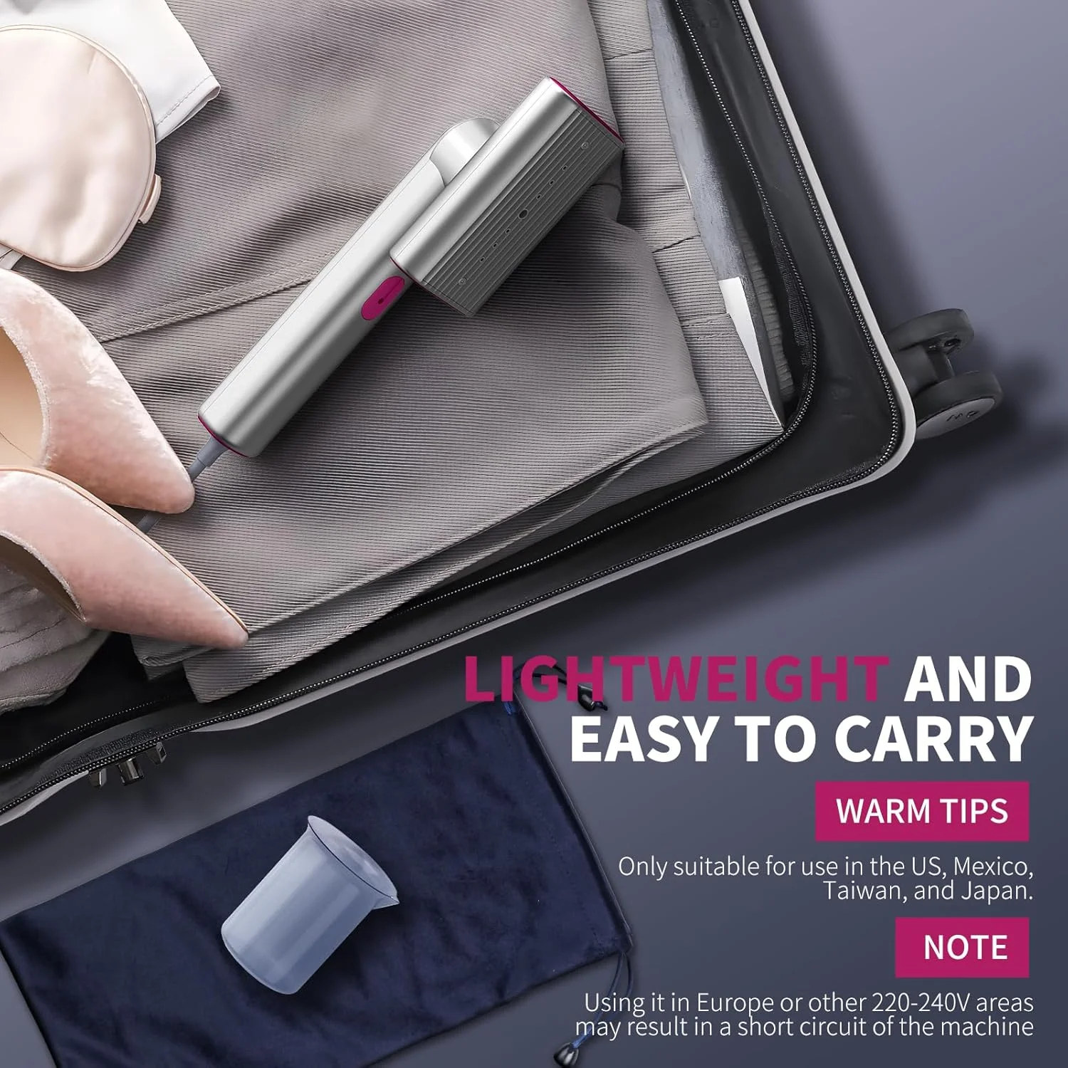 بخارگر لباس، از بین برنده چروک لباس دستی قابل حمل برای مسافرت، گرم شدن سریع 15 ثانیه ای، مخزن آب 70 میلی لیتری به همراه فنجان اندازه گیری، بخارگر لباس قابل حمل برای کشورهای 120 ولت، برای خانه، مسافرت