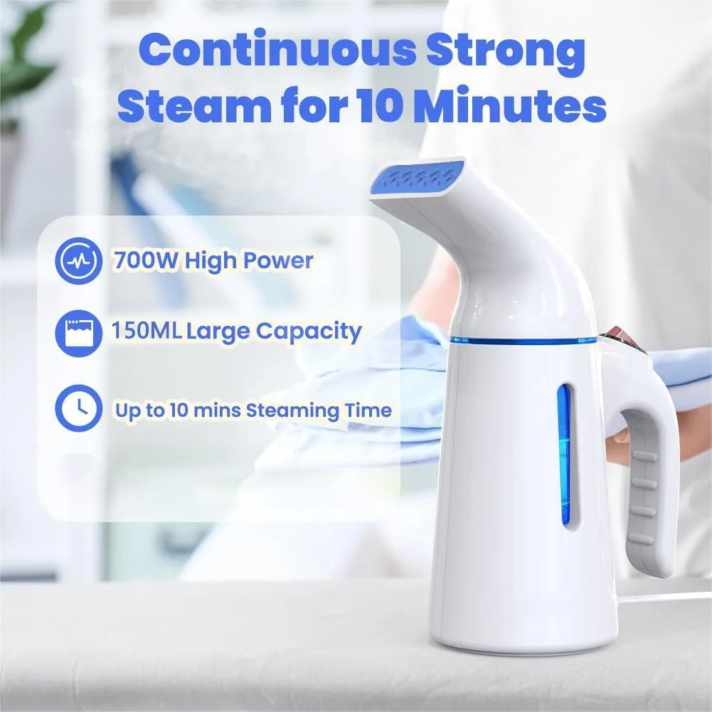 بخارگر لباس، بخارگر لباس 700 واتی با مخزن آب 150 میلی لیتری، گرم شدن سریع در 40 ثانیه، بخار قوی نافذ 25 گرم در دقیقه، اتو بخارگر دستی برای مسافرت و خانه، دوشاخه بریتانیایی