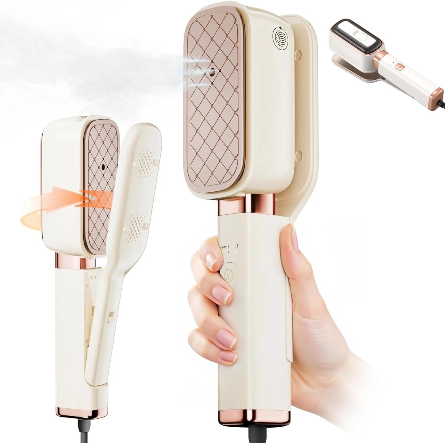 بخارگر مسافرتی لباس، گرم شدن در 15 ثانیه، بخارگر قابل حمل 1000 واتی، بخار و اتو و پرس 3 در 1، فوق العاده سبک 0.7 کیلوگرمی، رفع عمیق چروک، طراحی دسته تاشو 180 درجه جمع و جور برای مسافرت و خانه