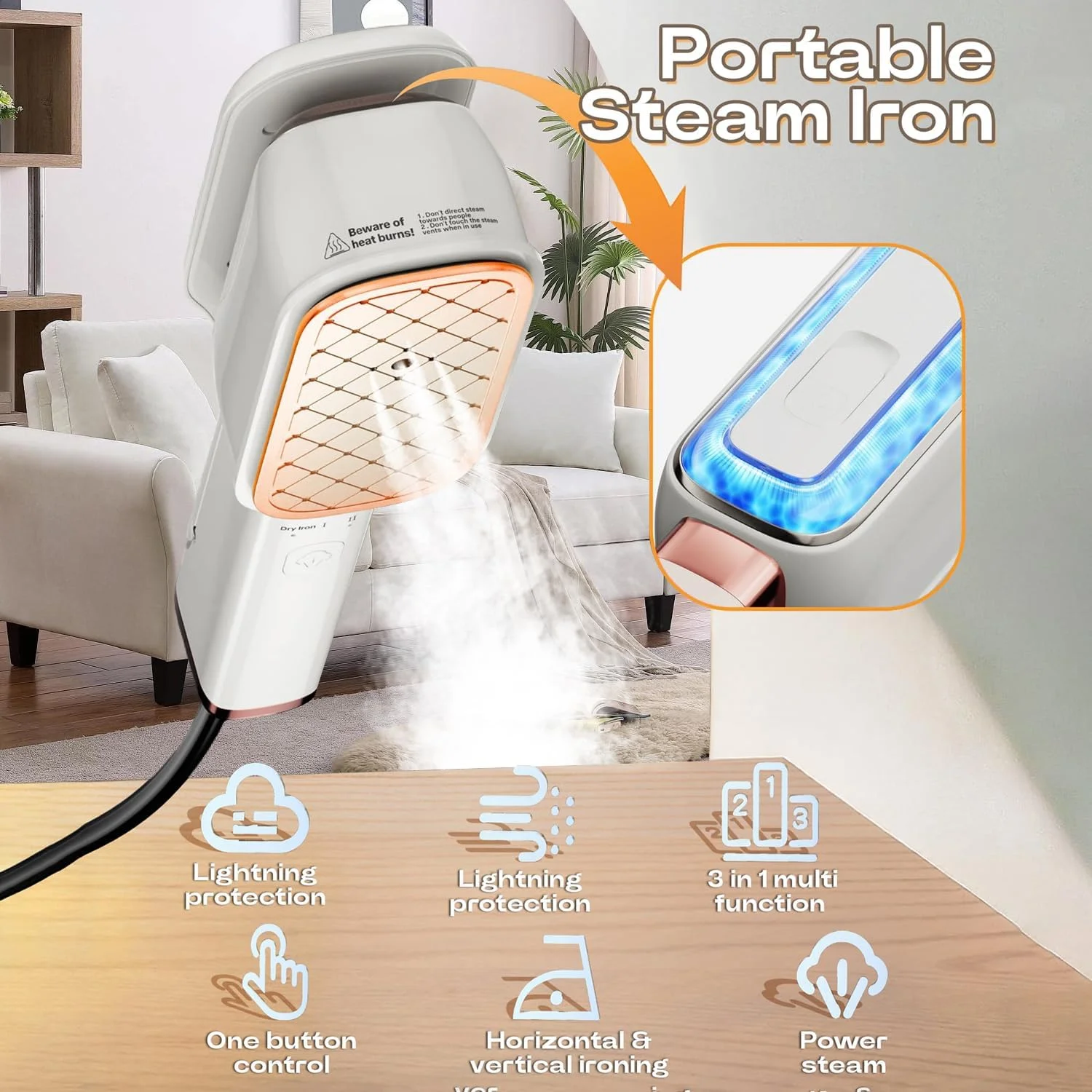 بخارگر مسافرتی لباس، گرم شدن در 15 ثانیه، بخارگر قابل حمل 1000 واتی، بخار و اتو و پرس 3 در 1، فوق العاده سبک 0.7 کیلوگرمی، رفع عمیق چروک، طراحی دسته تاشو 180 درجه جمع و جور برای مسافرت و خانه