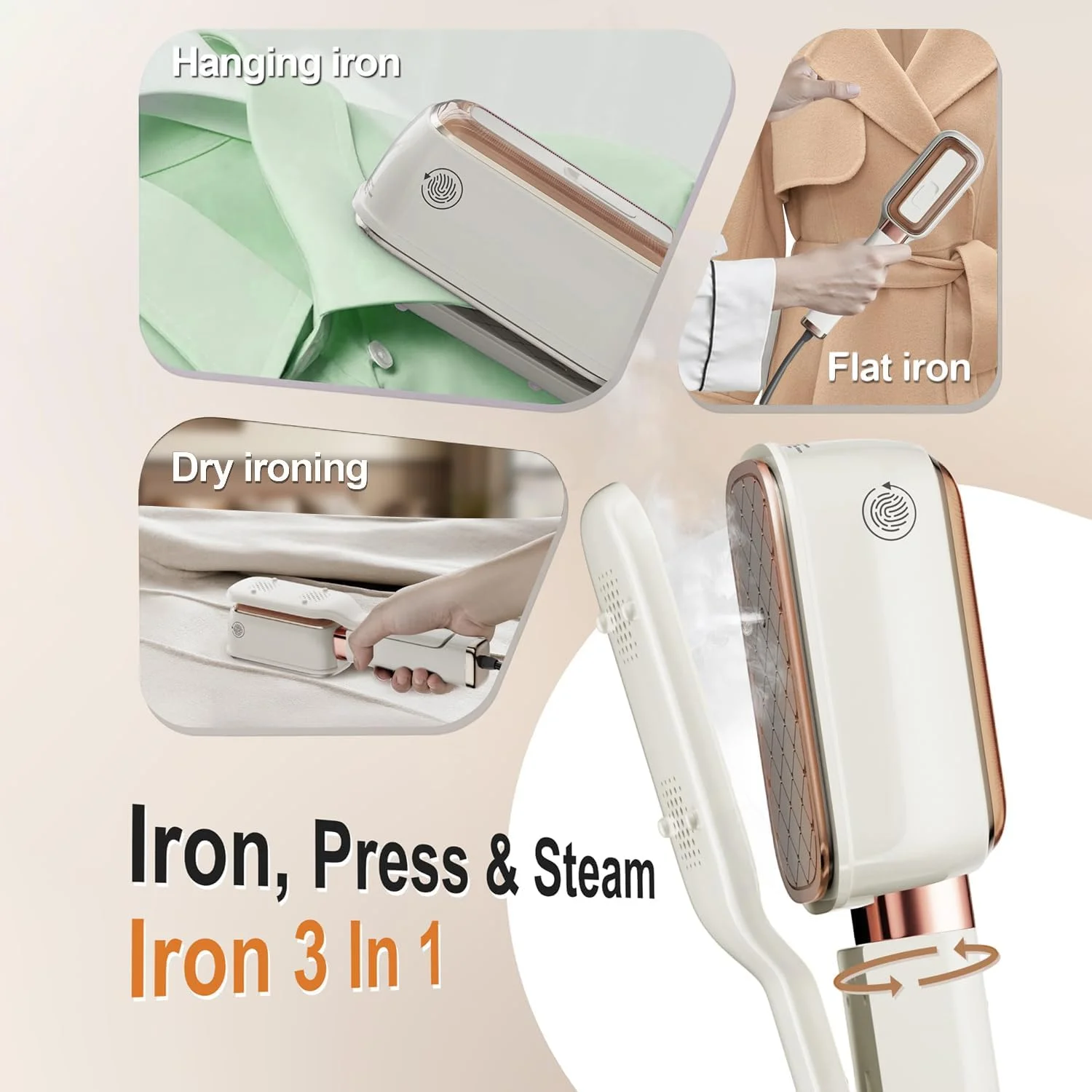 بخارگر مسافرتی لباس، گرم شدن در 15 ثانیه، بخارگر قابل حمل 1000 واتی، بخار و اتو و پرس 3 در 1، فوق العاده سبک 0.7 کیلوگرمی، رفع عمیق چروک، طراحی دسته تاشو 180 درجه جمع و جور برای مسافرت و خانه