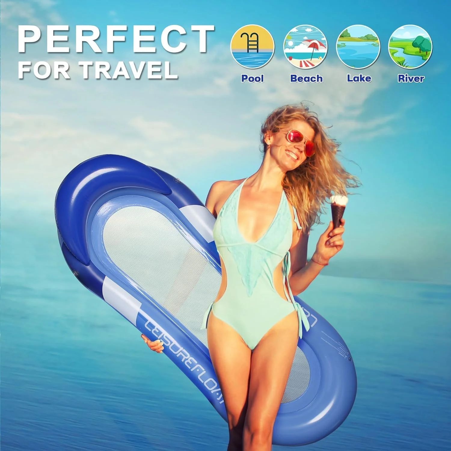 تخت بادی بزرگسال Azonee با سایبان جداشدنی، تکیه‌گاه سر و زیرپایی، مناسب برای خانواده، دوستان و بزرگسالان، ایده‌آل برای آفتاب گرفتن و استراحت در استخر