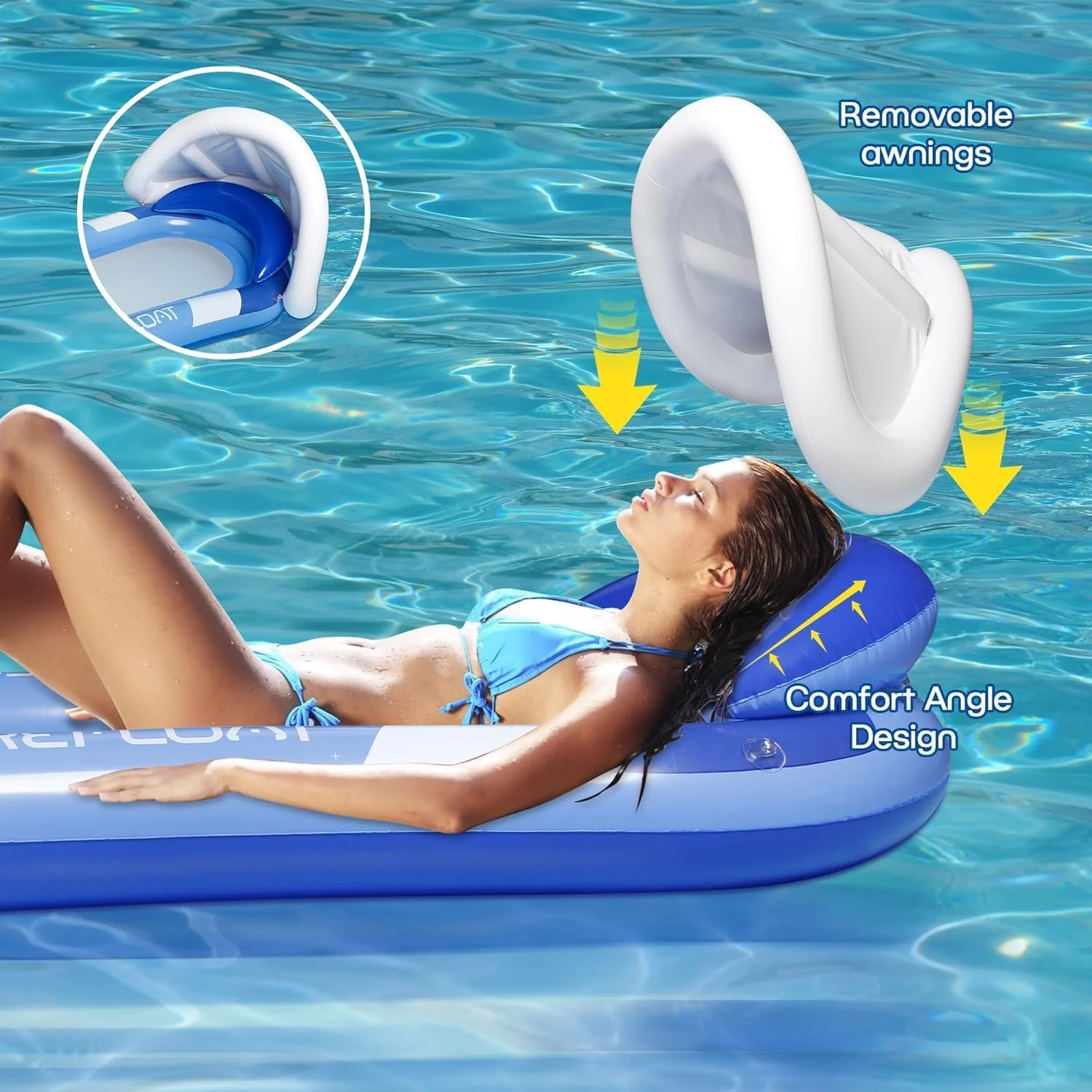 تخت بادی بزرگسال Azonee با سایبان جداشدنی، تکیه‌گاه سر و زیرپایی، مناسب برای خانواده، دوستان و بزرگسالان، ایده‌آل برای آفتاب گرفتن و استراحت در استخر