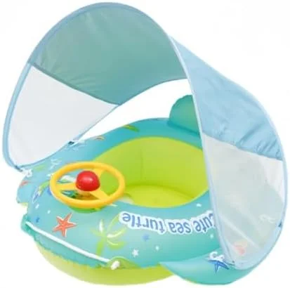 شناور بادی کودک با سایبان - شناور بادی استخر نوزاد برای 0 تا 4 سال - سایه بان قابل تنظیم UPF 50+، کمربند ایمنی و اسباب بازی - شناور استخر کودک برای بازی های آبی تابستانی و تفریح ​​شنا
