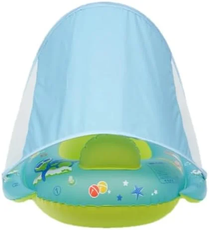 شناور بادی کودک با سایبان - شناور بادی استخر نوزاد برای 0 تا 4 سال - سایه بان قابل تنظیم UPF 50+، کمربند ایمنی و اسباب بازی - شناور استخر کودک برای بازی های آبی تابستانی و تفریح ​​شنا