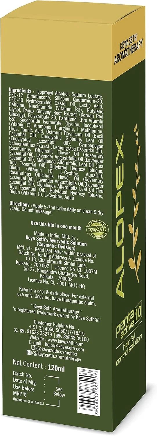 مجموعه درمان رشد مو و کنترل ریزش مو Keya Seth Aromatherapy Alopex Penta Active، از نظر بالینی ثابت شده، مسدود کننده DHT، غنی شده با جینسینگ قرمز کره ای، بیوتین و ویتامین E (بسته 3 عددی)