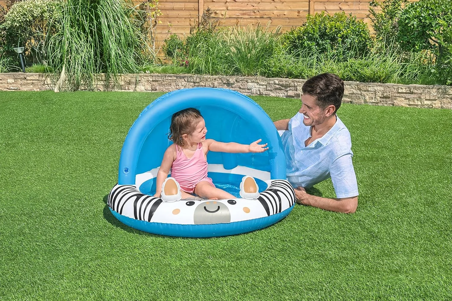 استخر بادی سایبان دار کودک بست وی مدل Safari Fun، مرکز بازی بادی، سایبان ضد اشعه UV، کف بادی، طرح گورخر، مناسب برای کودکان 2 سال به بالا