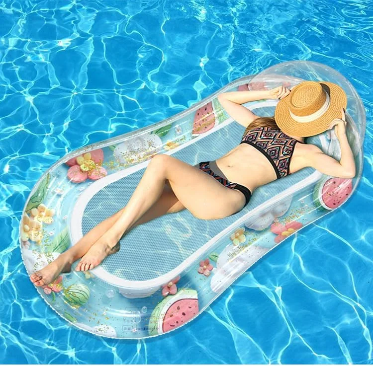تخت بادی شناور استخر با تکیه گاه سر برای بزرگسالان، مناسب برای استراحت در استخر، دریاچه، ساحل و مهمانی های استخری (هندوانه صورتی)