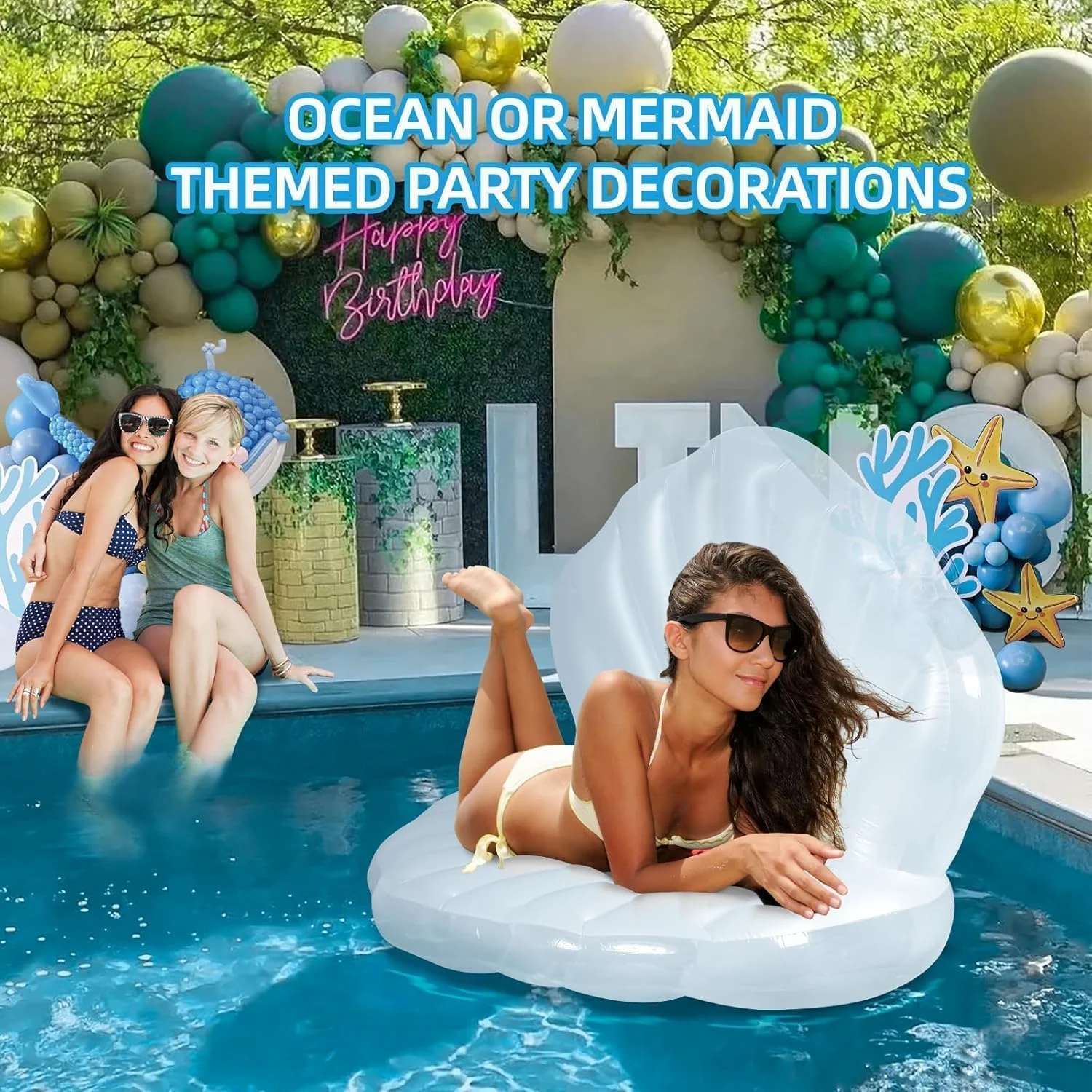 استخر بادی صدف دریایی، توپ شناور بادی، تشک تخت شناور استخر غول پیکر، استخرهای شنا ساحلی، مبل آبی به شکل صدف ساحلی، کوسن هوای شناور استخر ساحلی