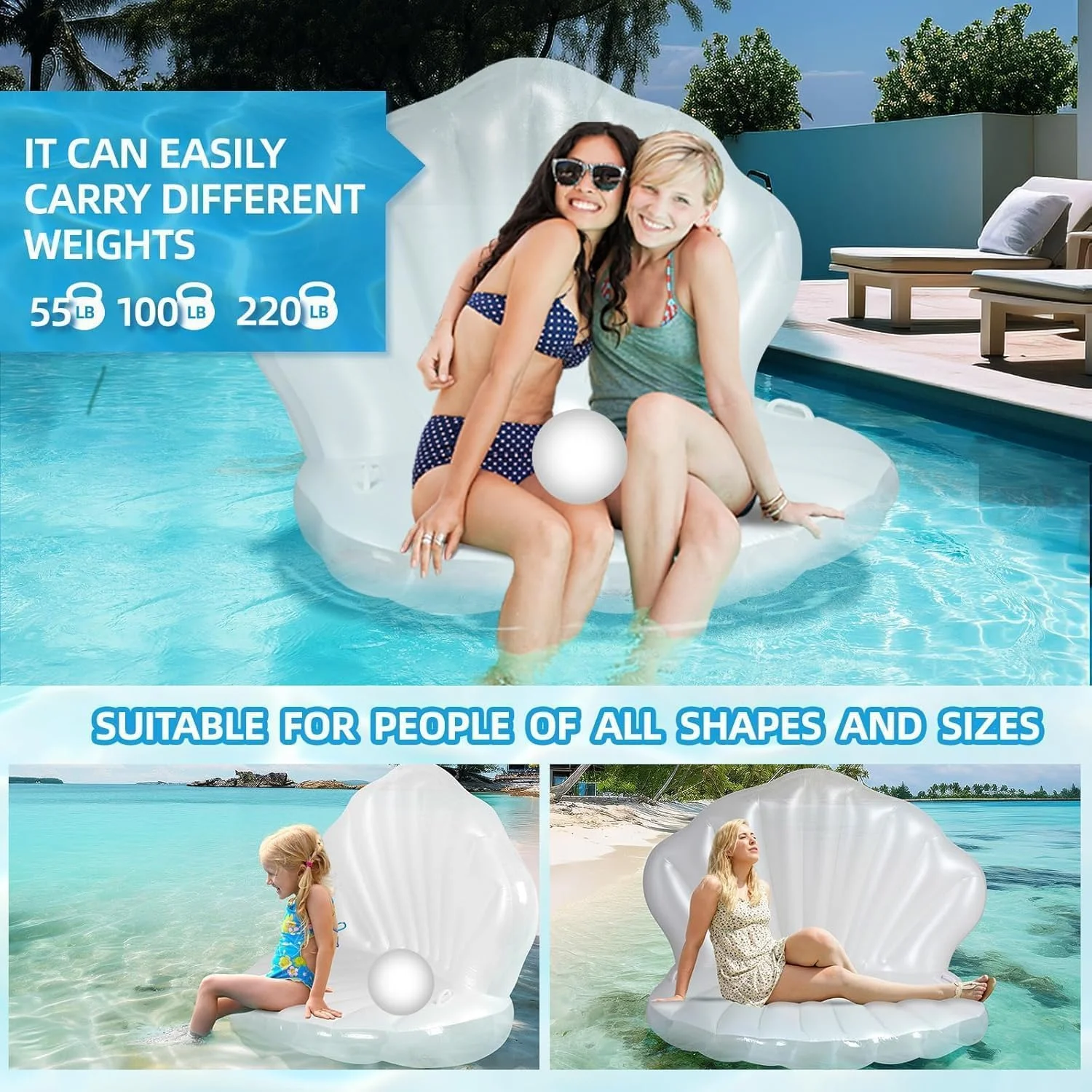 استخر بادی صدف دریایی، توپ شناور بادی، تشک تخت شناور استخر غول پیکر، استخرهای شنا ساحلی، مبل آبی به شکل صدف ساحلی، کوسن هوای شناور استخر ساحلی