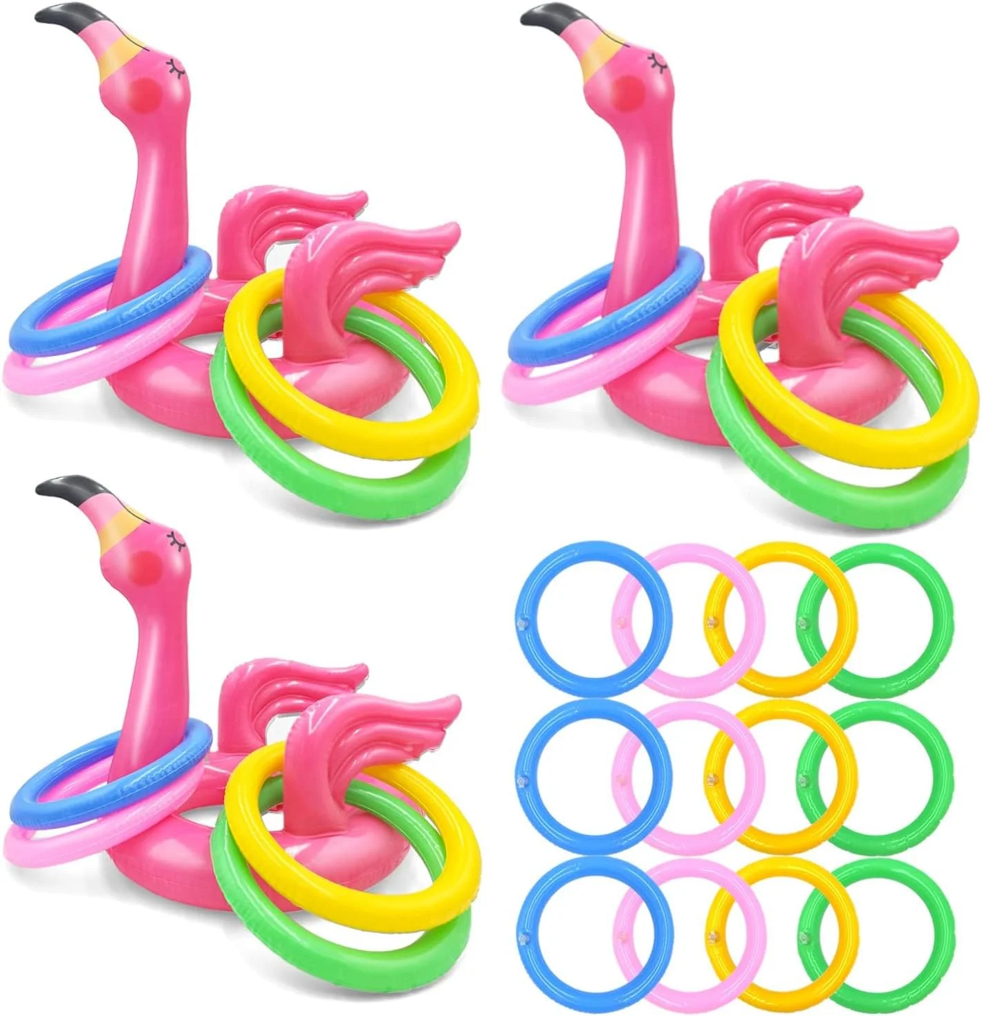 بازی پرتاب حلقه بادی فلامینگو KASTWAVE، بسته 3 عددی، کلاه های تزئینی اسباب بازی مهمانی استخر با 12 حلقه برای تزئین مهمانی استخر شنا هاوایی Luau، بازی های مهمانی ساحل استخر شنا (فلامینگو)