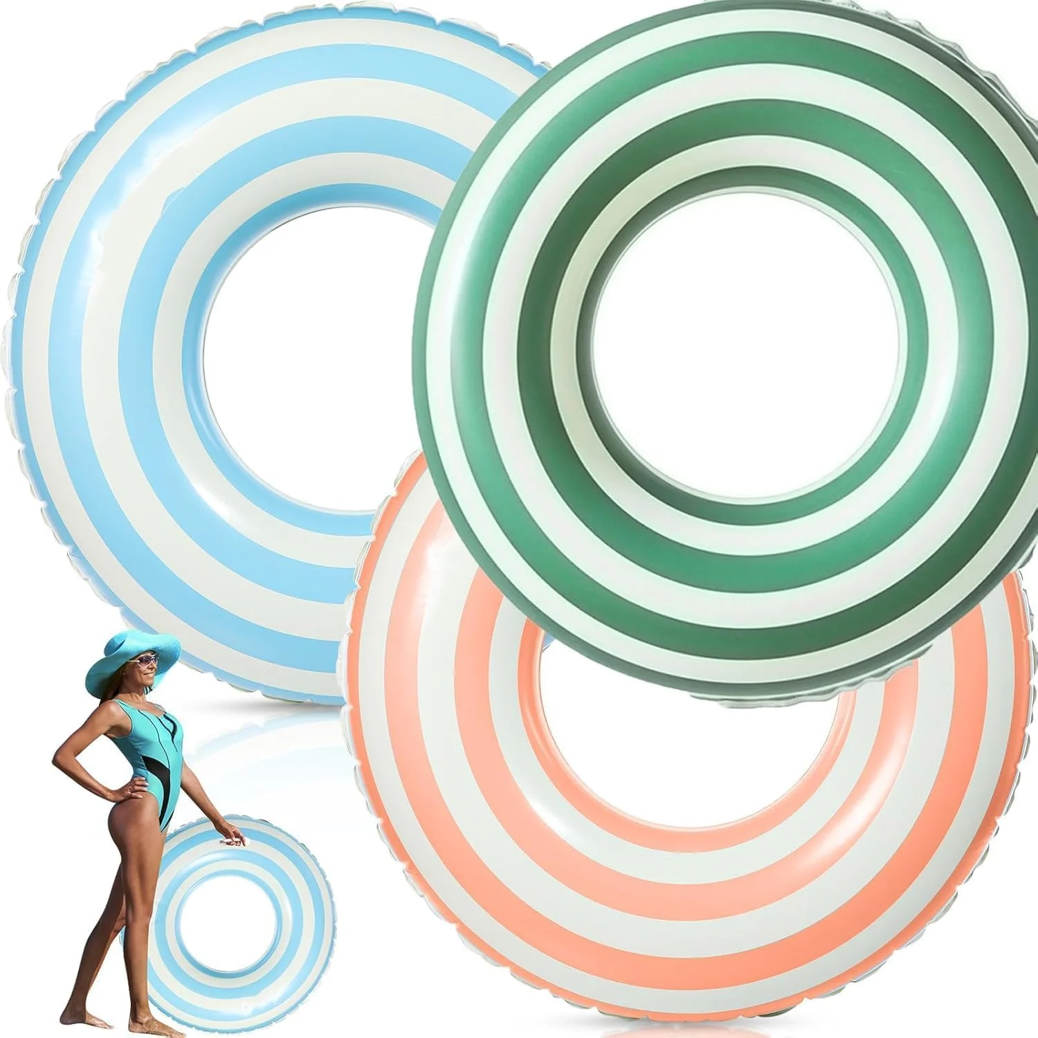 تیوپ استخر KASTWAVE، بسته 3 عددی، طرح راه راه نارنجی، سبز و آبی، حلقه شنا بادی مناسب استخر و ساحل برای مهمانی های تابستانی، 76x35 سانتی متر - بدون دستگیره