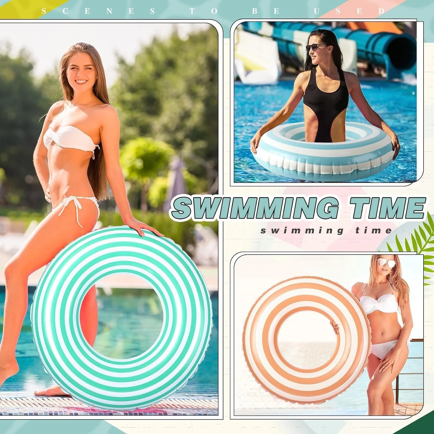 تیوپ استخر KASTWAVE، بسته 3 عددی، طرح راه راه نارنجی، سبز و آبی، حلقه شنا بادی مناسب استخر و ساحل برای مهمانی های تابستانی، 76x35 سانتی متر - بدون دستگیره