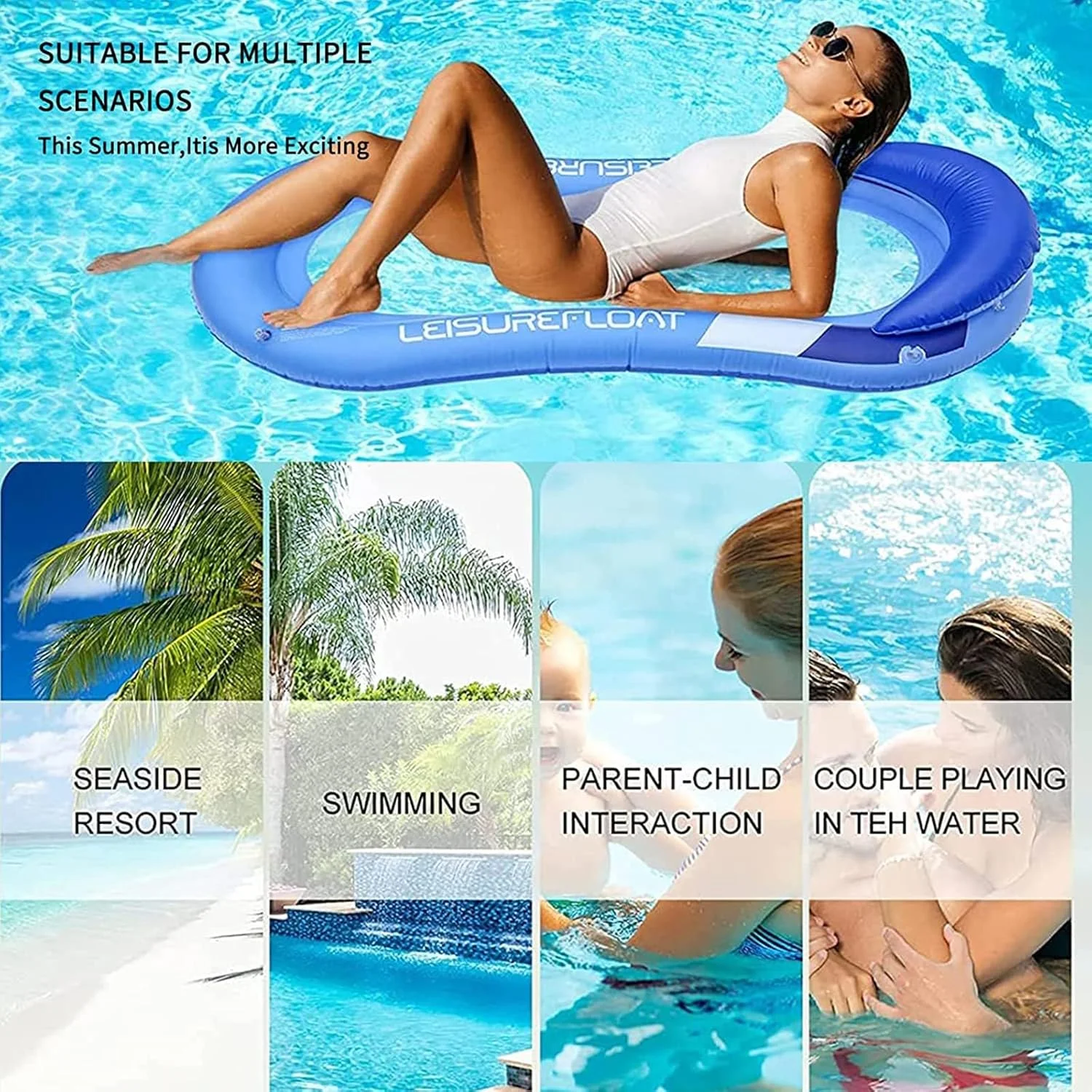 تخت آفتاب گیر بادی روی آب KASTWAVE، تخت بادی چند منظوره و راحت استخر با تکیه گاه سر، صندلی شناور مبل بادی استخر مناسب استخر، دریاچه، فضای باز، ساحل، آبی تیره