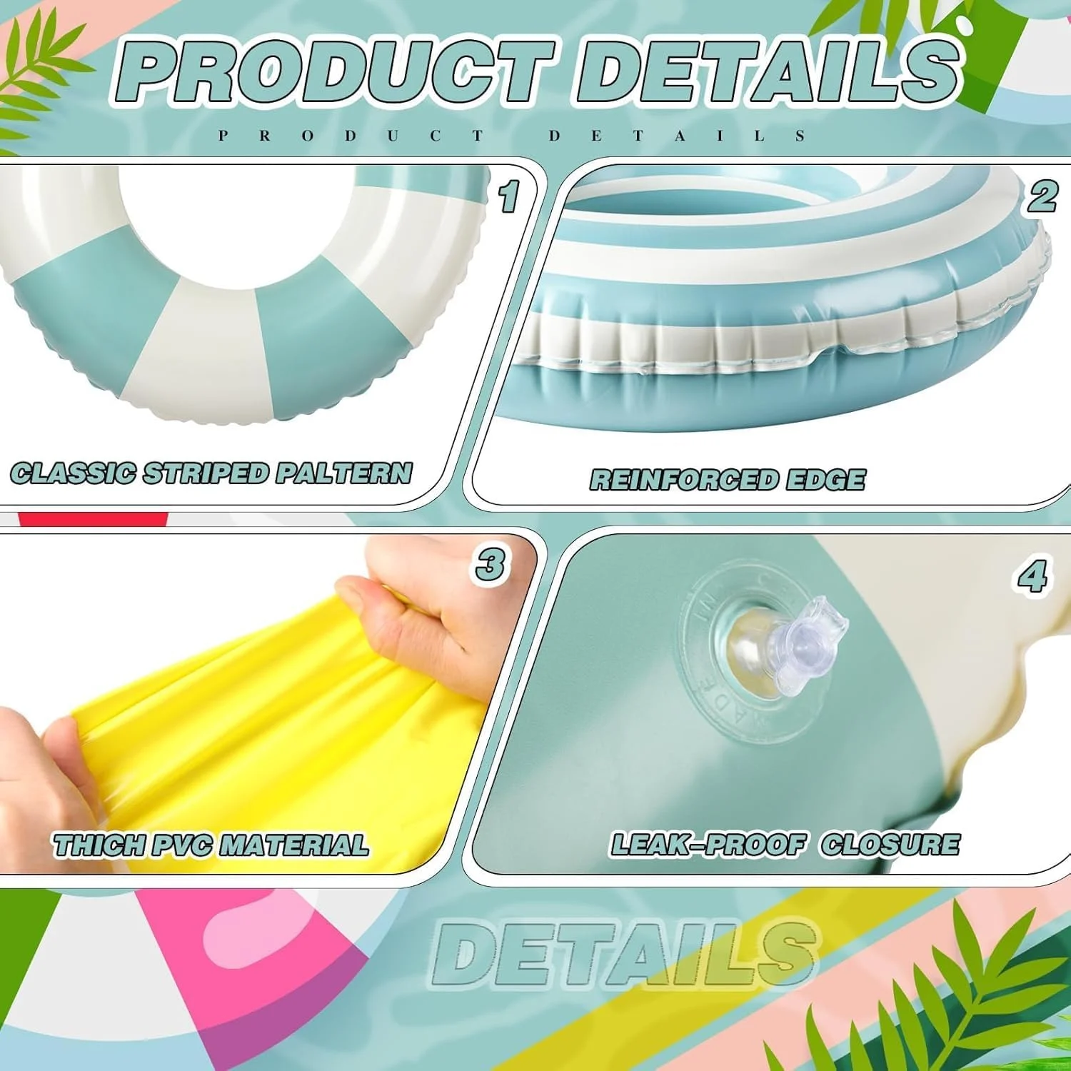 تیوپ استخر KASTWAVE، بسته 3 عددی، طرح راه راه نارنجی، سبز و آبی، حلقه شنا بادی مناسب استخر و ساحل برای مهمانی های تابستانی، 76x35 سانتی متر - بدون دستگیره