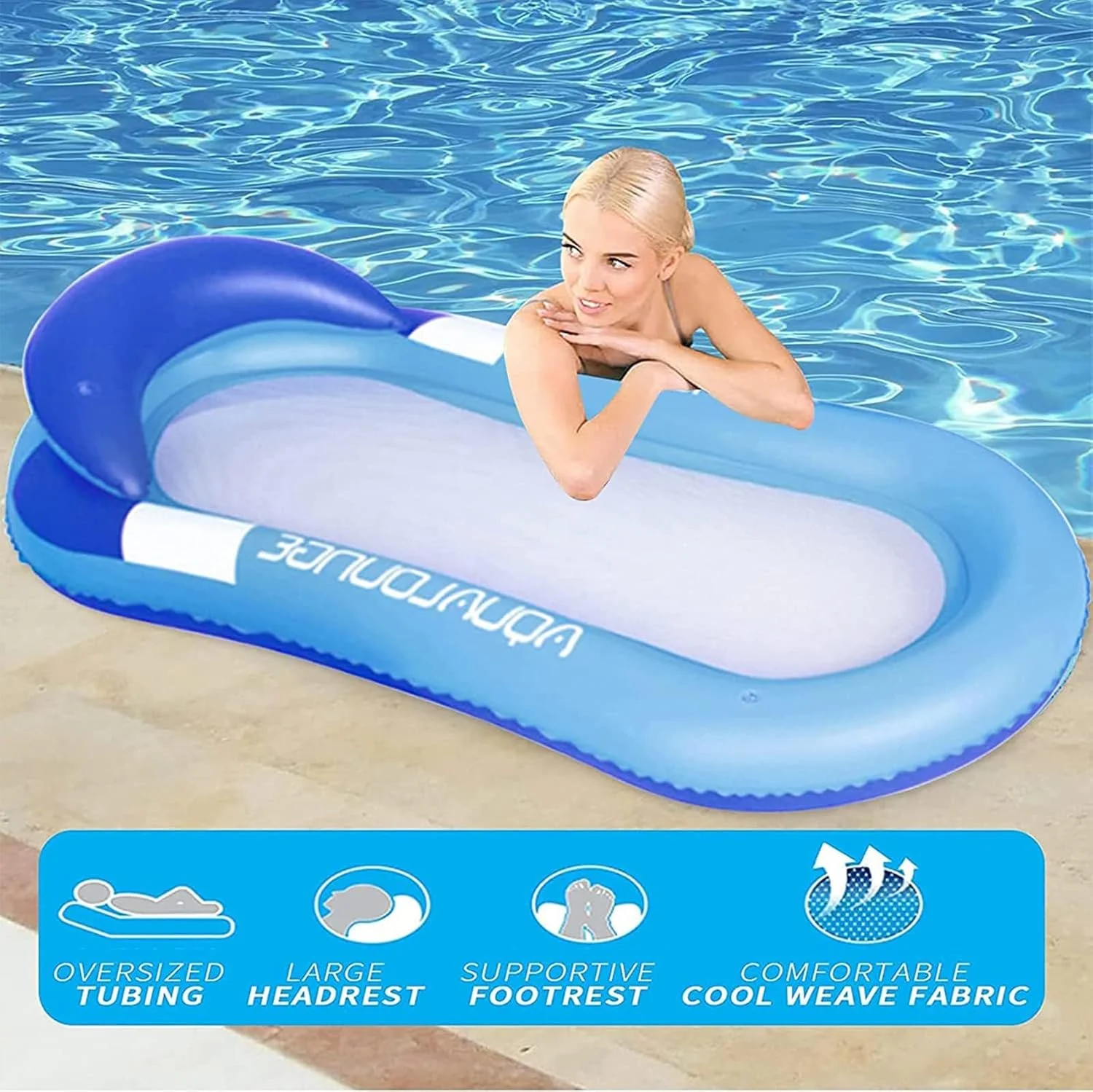 تخت آفتاب گیر بادی روی آب KASTWAVE، تخت بادی چند منظوره و راحت استخر با تکیه گاه سر، صندلی شناور مبل بادی استخر مناسب استخر، دریاچه، فضای باز، ساحل، آبی تیره