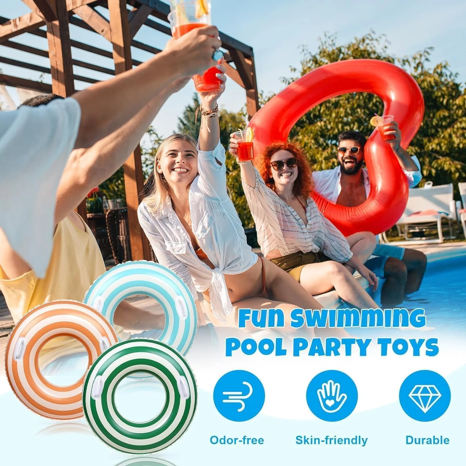 تیوپ استخر KASTWAVE، سه عددی، با دستگیره، طرح راه راه نارنجی، سبز و آبی رترو، حلقه های شنای استخر، شناور بادی برای استخر شنا، ساحل و مهمانی مجردی، 30 در 14 اینچ (با دستگیره)