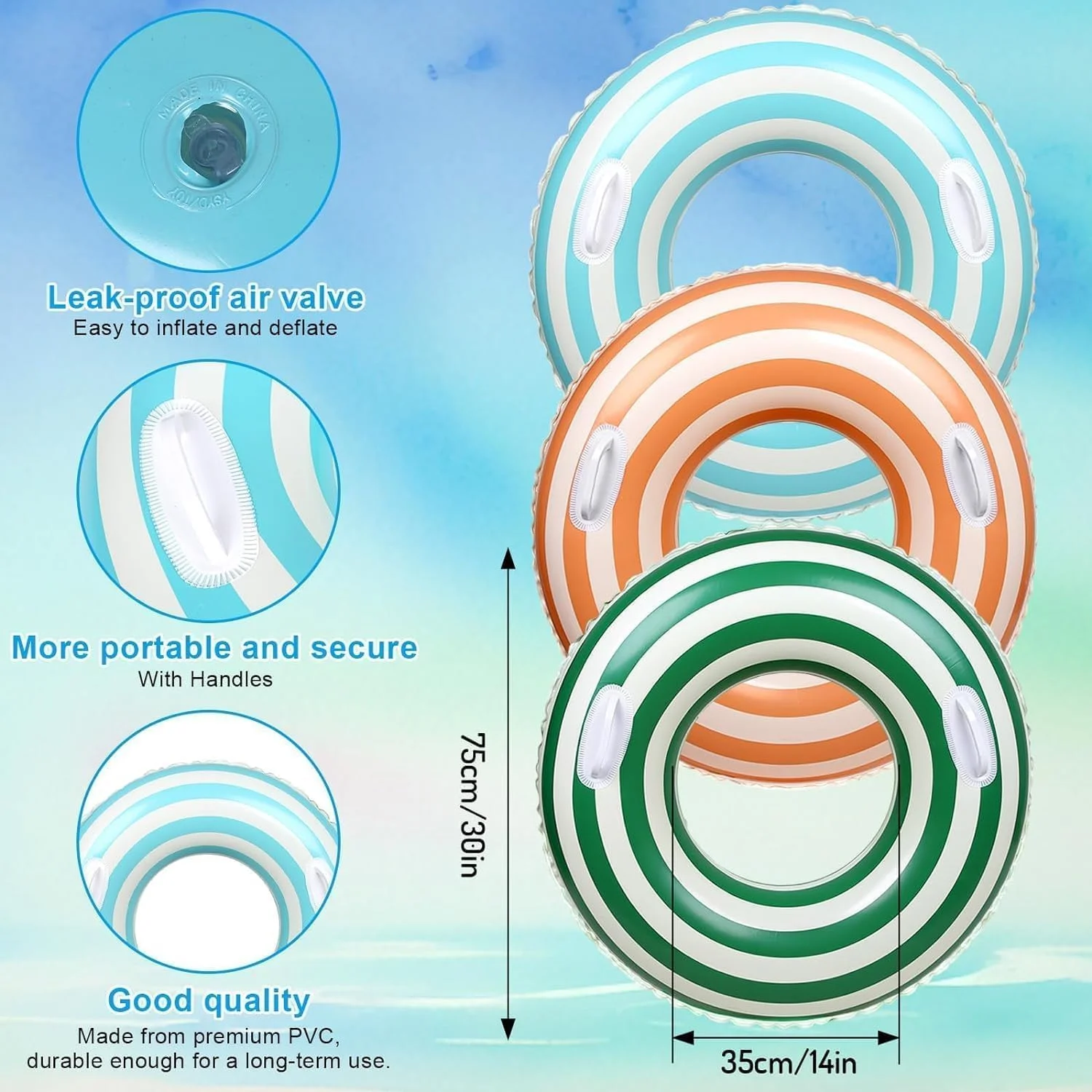 تیوپ استخر KASTWAVE، سه عددی، با دستگیره، طرح راه راه نارنجی، سبز و آبی رترو، حلقه های شنای استخر، شناور بادی برای استخر شنا، ساحل و مهمانی مجردی، 30 در 14 اینچ (با دستگیره)