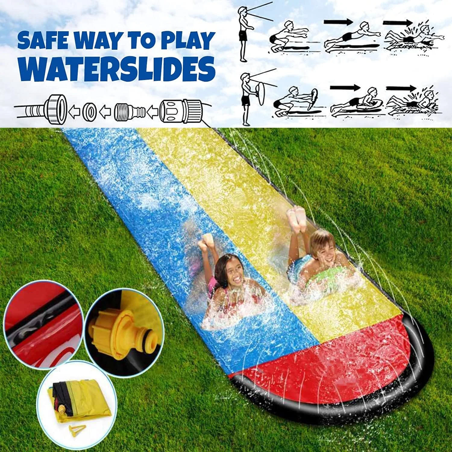 سرسره آبی فوق العاده بلند 6.1 متری/20 فوتی Zarmanuae برای کودکان، سرسره آبی دو نفره غول پیکر چمن برای کودکان با دو تخته بادی، بهترین هدیه برای بازی استخر شنای تابستانی کودکان اسباب بازی فضای باز