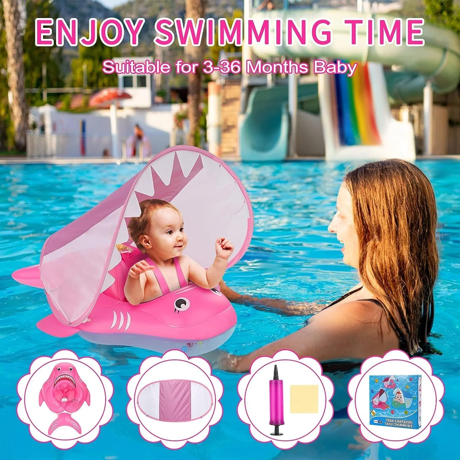 شناور بادی استخر کودک، شناور شنای نوزاد با سایبان محافظ آفتاب، حلقه شناور بادی کوسه ای برای کودکان نوپا، اسباب بازی های حمام استخر برای شنای ایمن تر برای نوزادان 3-36 ماهه