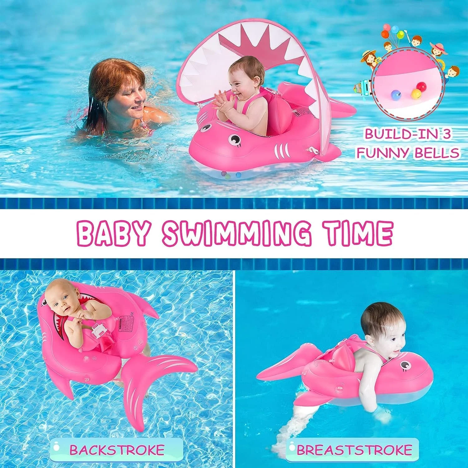 شناور بادی استخر کودک، شناور شنای نوزاد با سایبان محافظ آفتاب، حلقه شناور بادی کوسه ای برای کودکان نوپا، اسباب بازی های حمام استخر برای شنای ایمن تر برای نوزادان 3-36 ماهه